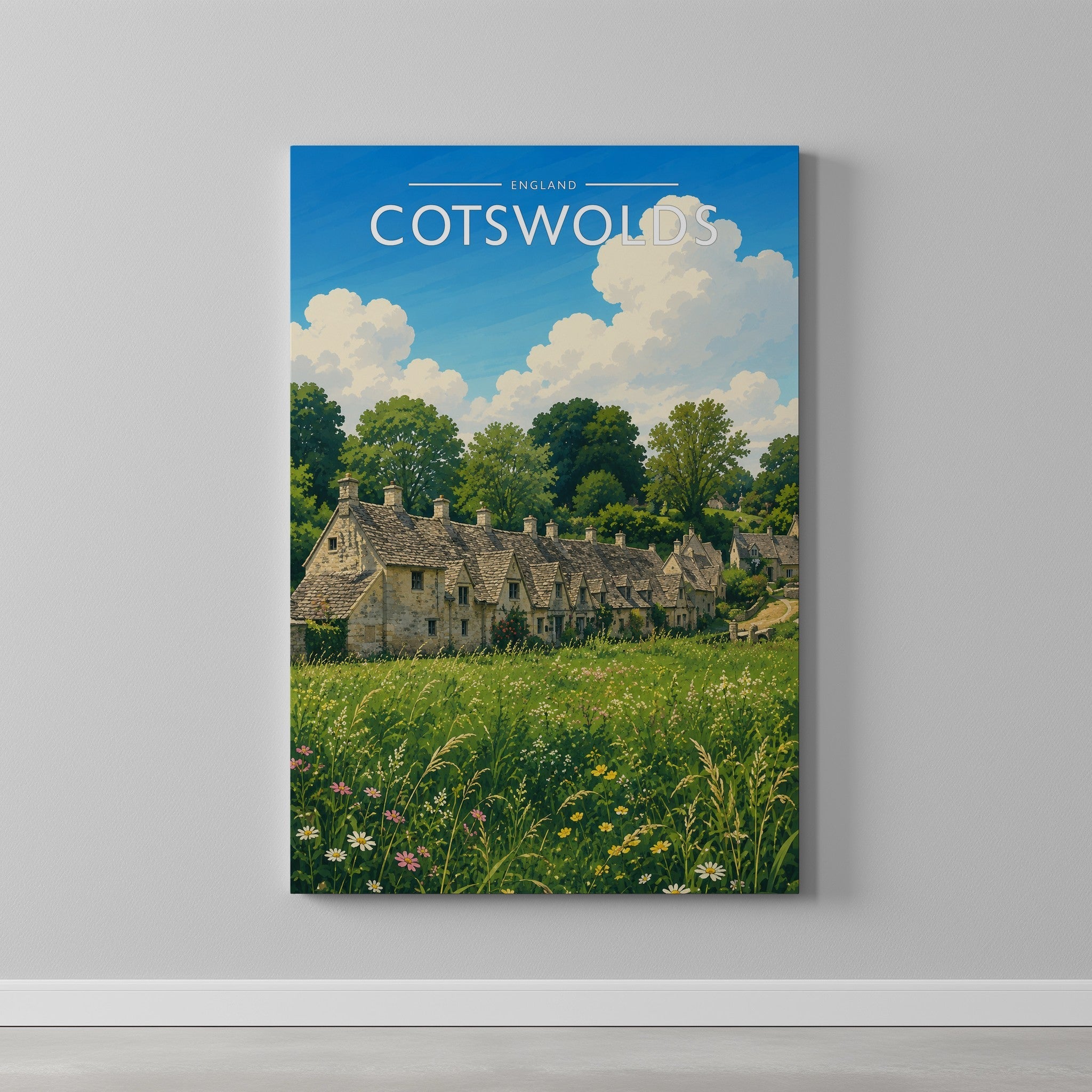 Cotswolds Travel Poster as a gallery-wrapped canvas on a plain wall