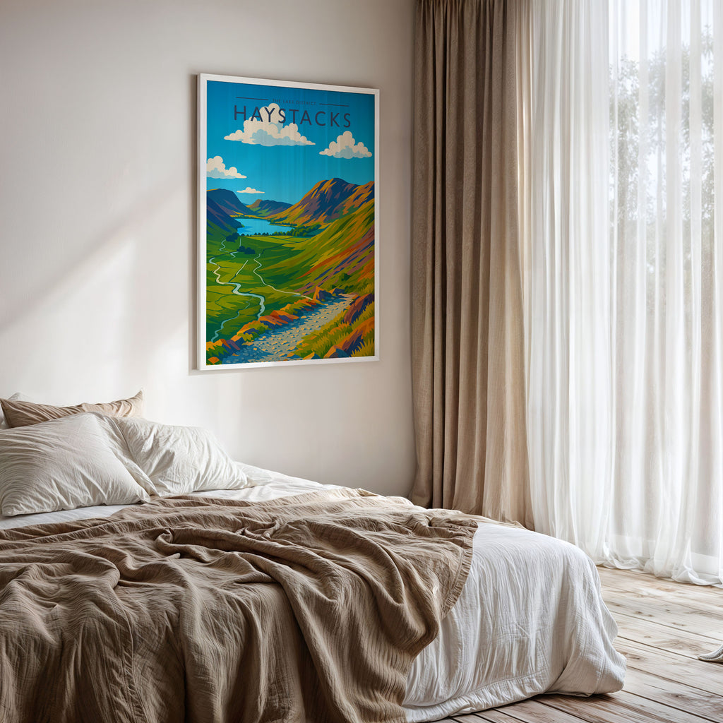 Haystacks Travel Poster framed on a bedroom wall