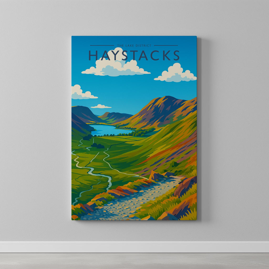 Haystacks Travel Poster as a gallery-wrapped canvas on a plain wall