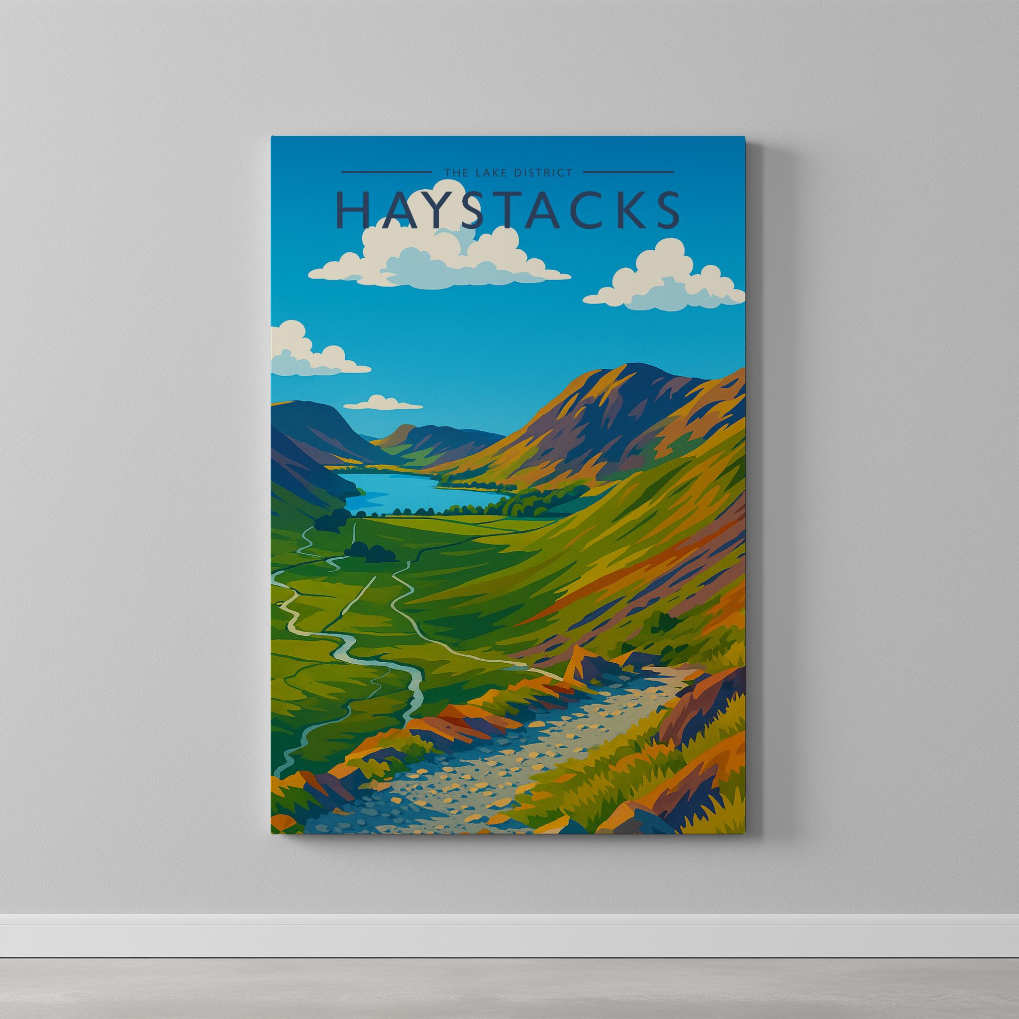 Haystacks Travel Poster as a gallery-wrapped canvas on a plain wall