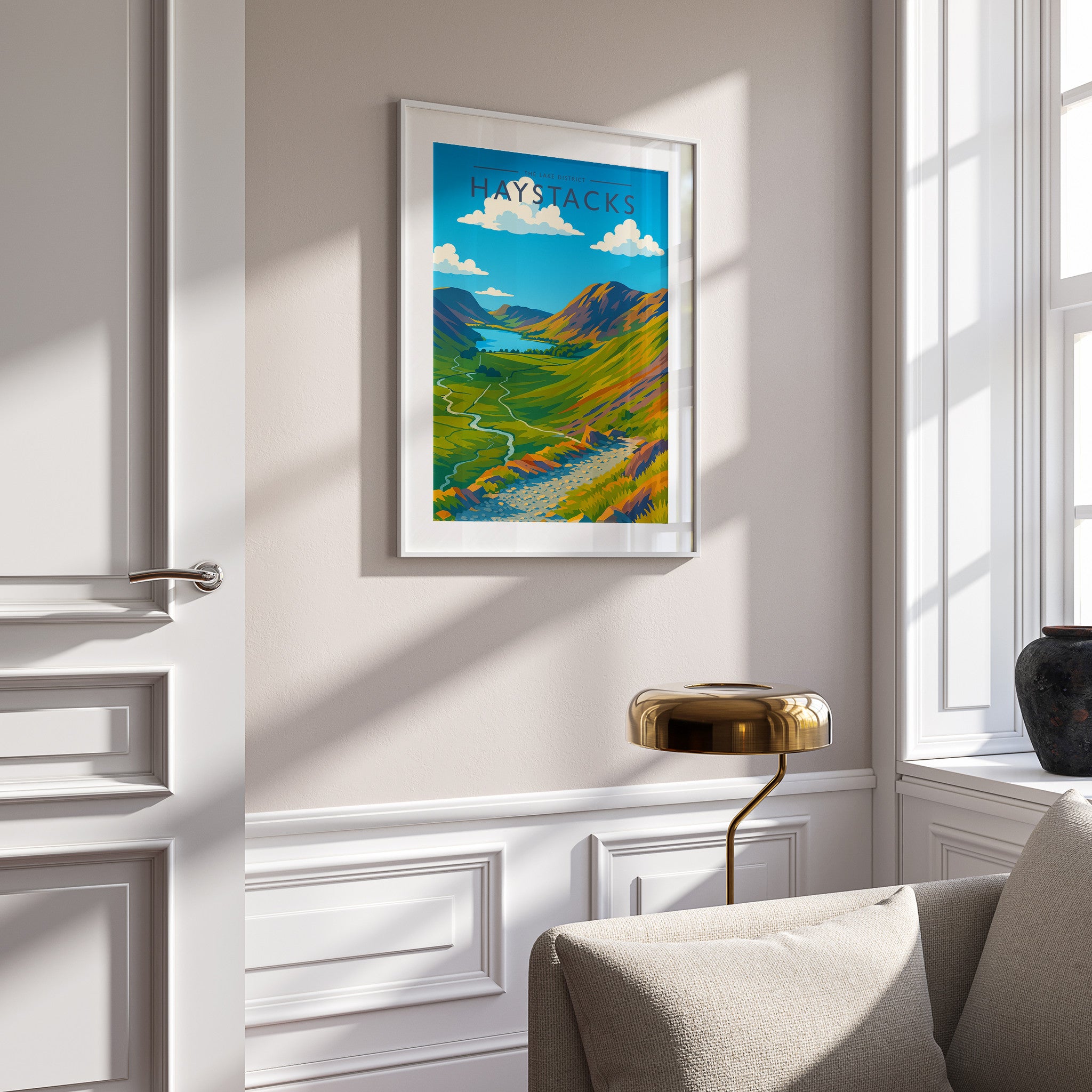 Haystacks Travel Poster in a white frame on a panelled wall