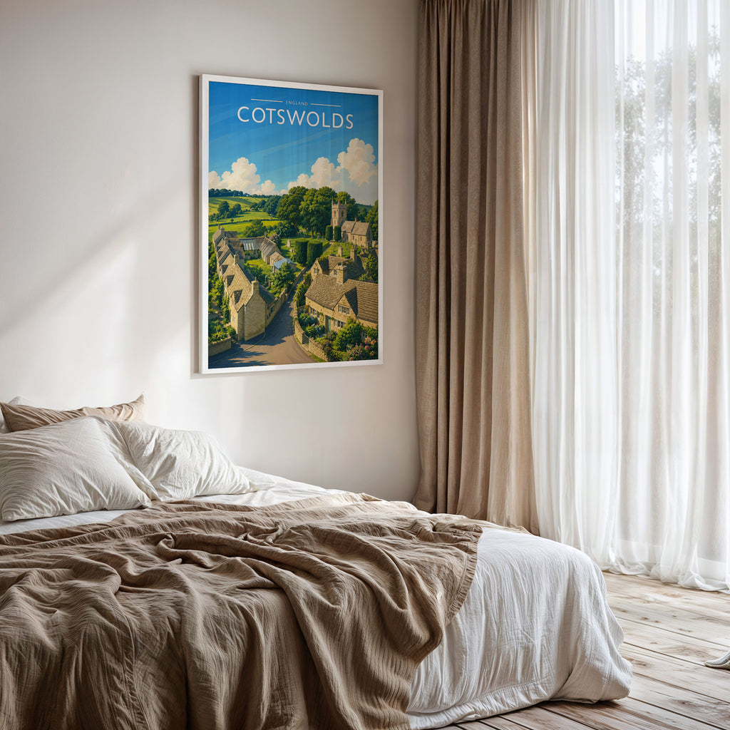 Cotswolds #2 Travel Poster framed on a bedroom wall