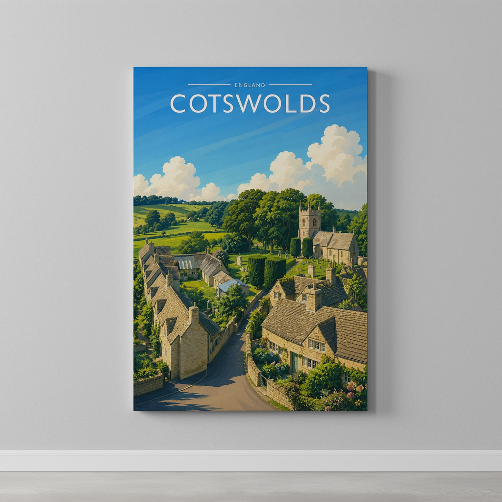 Cotswolds #2 Travel Poster as a gallery-wrapped canvas on a plain wall