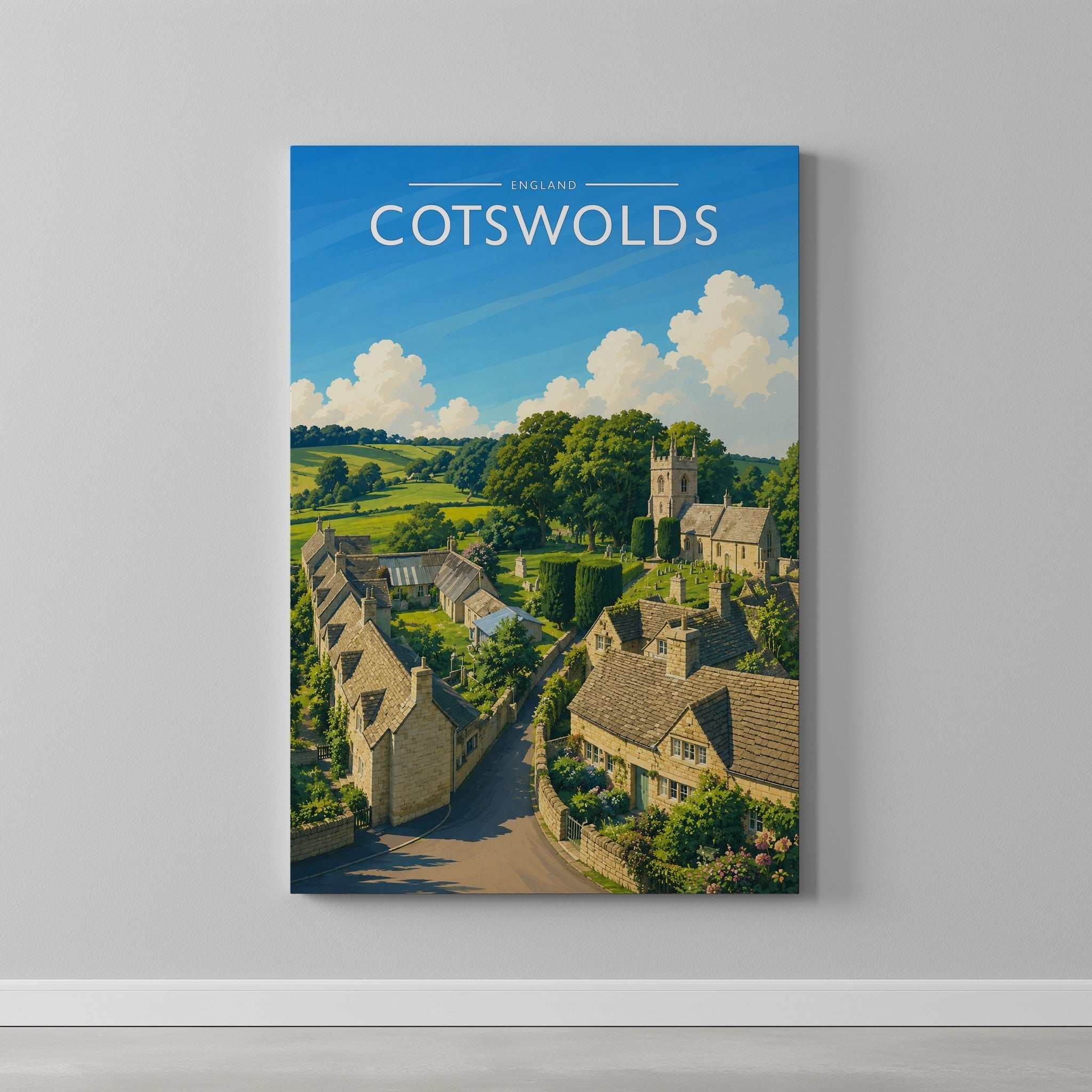 Cotswolds #2 Travel Poster as a gallery-wrapped canvas on a plain wall