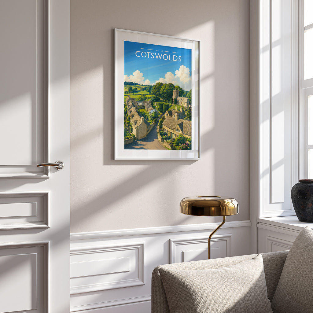 Cotswolds #2 Travel Poster in a white frame on a panelled wall