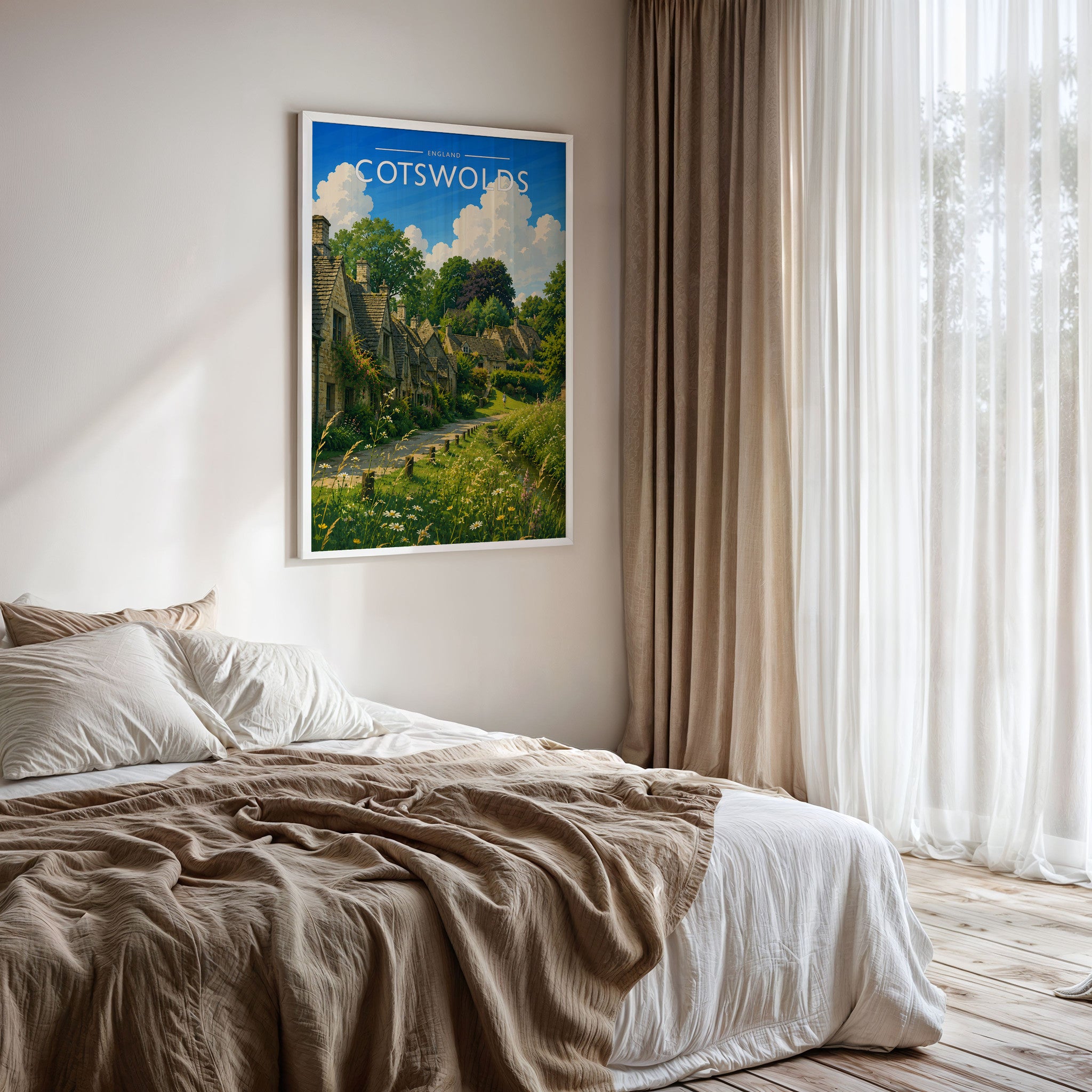 Cotswolds #3 Travel Poster framed on a bedroom wall