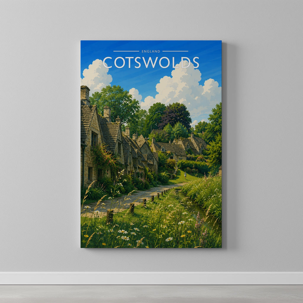 Cotswolds #3 Travel Poster as a gallery-wrapped canvas on a plain wall