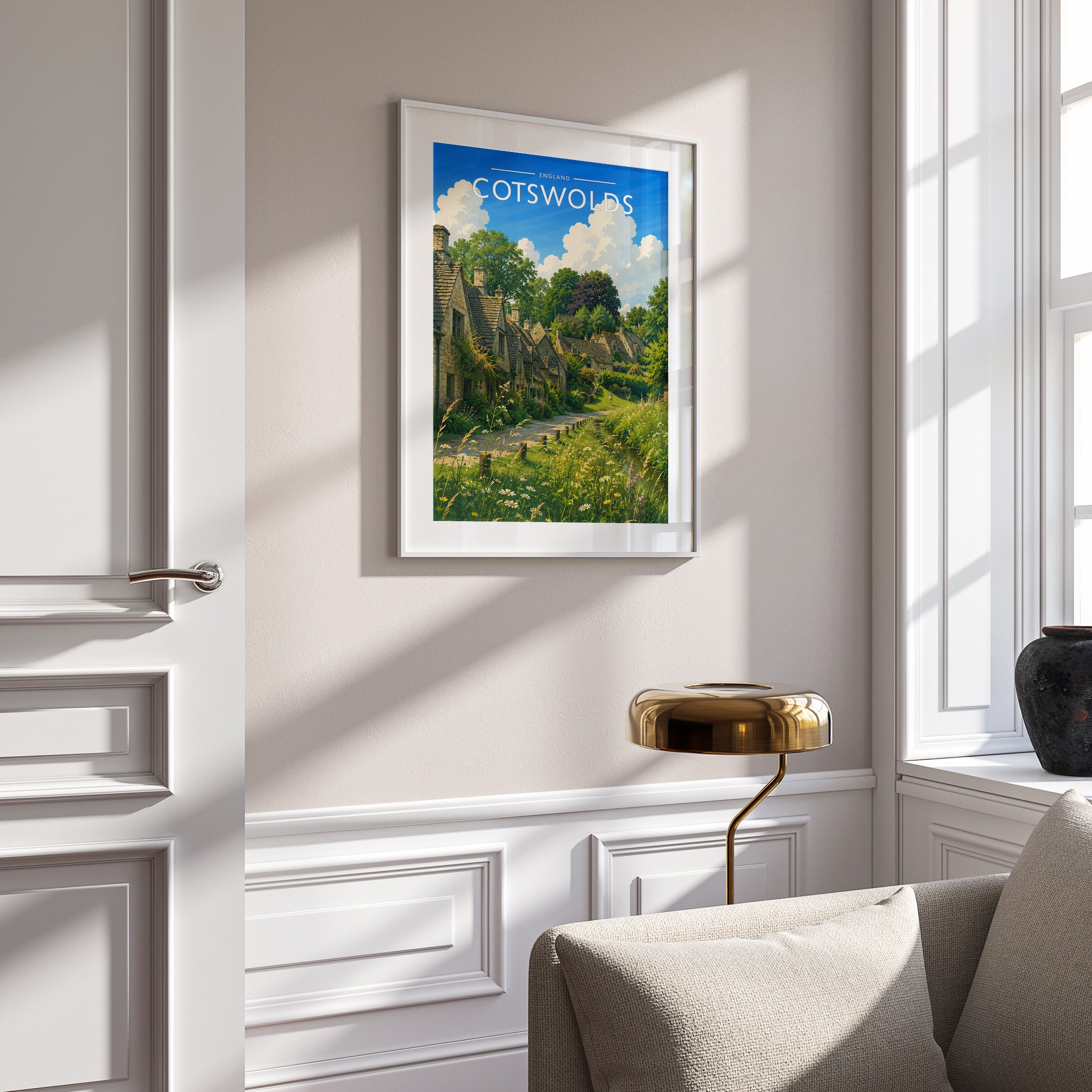 Cotswolds #3 Travel Poster in a white frame on a panelled wall