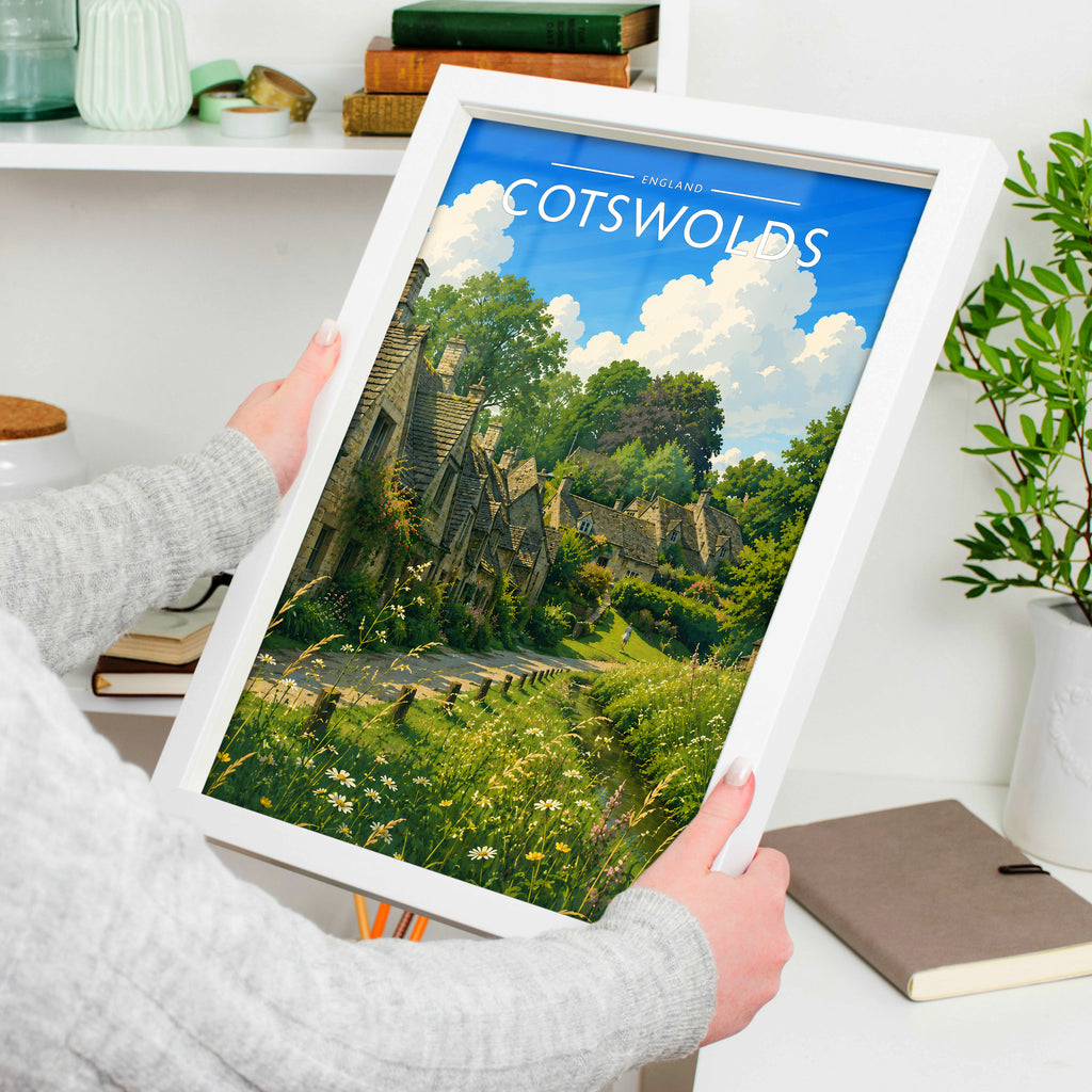 Cotswolds #3 Travel Poster in a white frame, held to show scale
