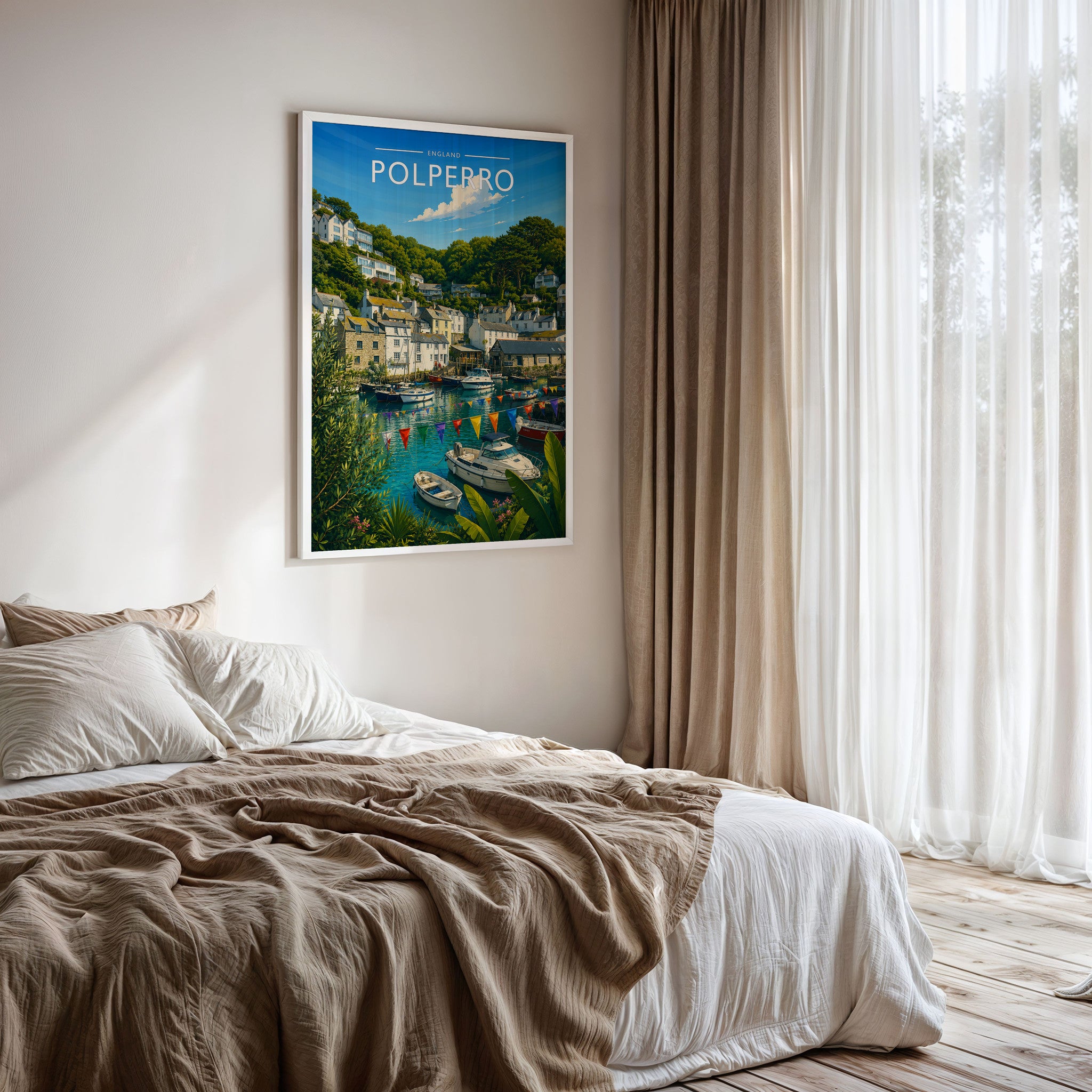 Polperro #4 Travel Poster framed on a bedroom wall