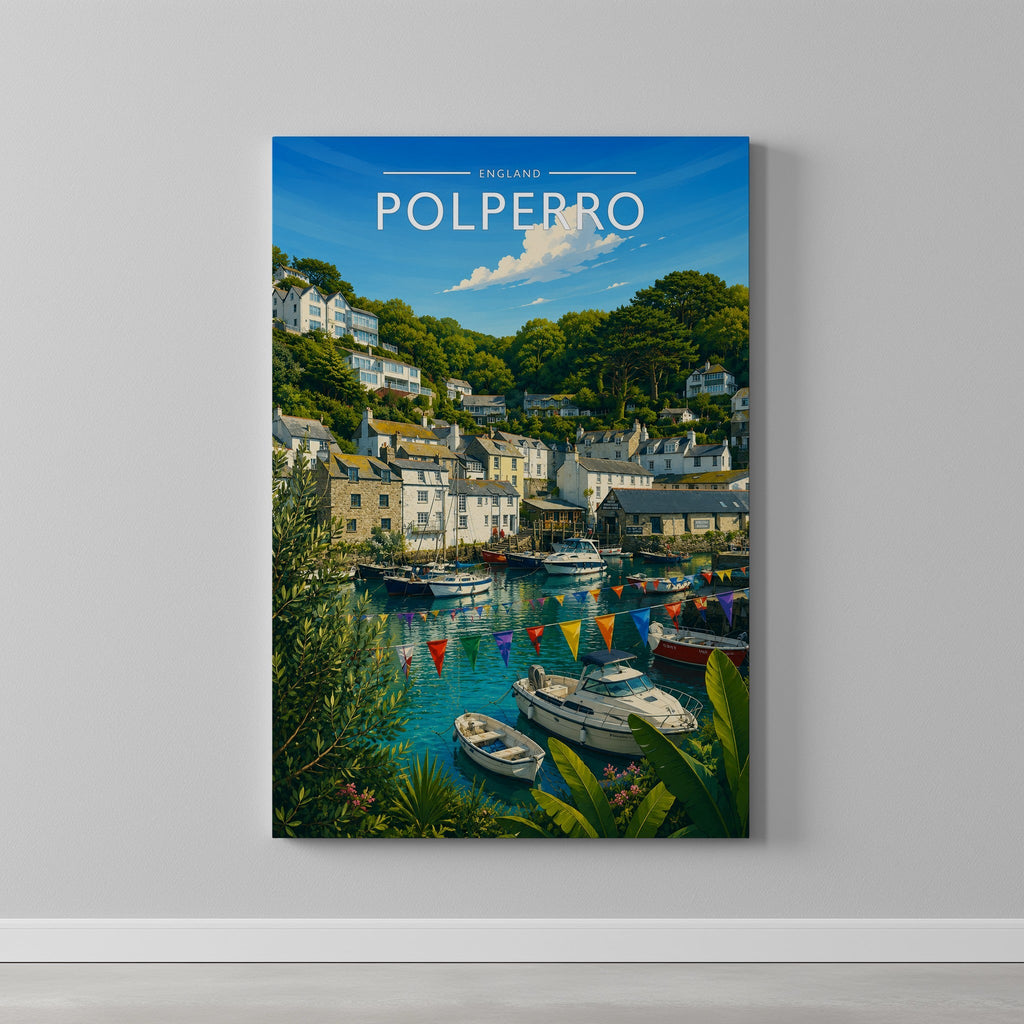 Polperro #4 Travel Poster as a gallery-wrapped canvas on a plain wall