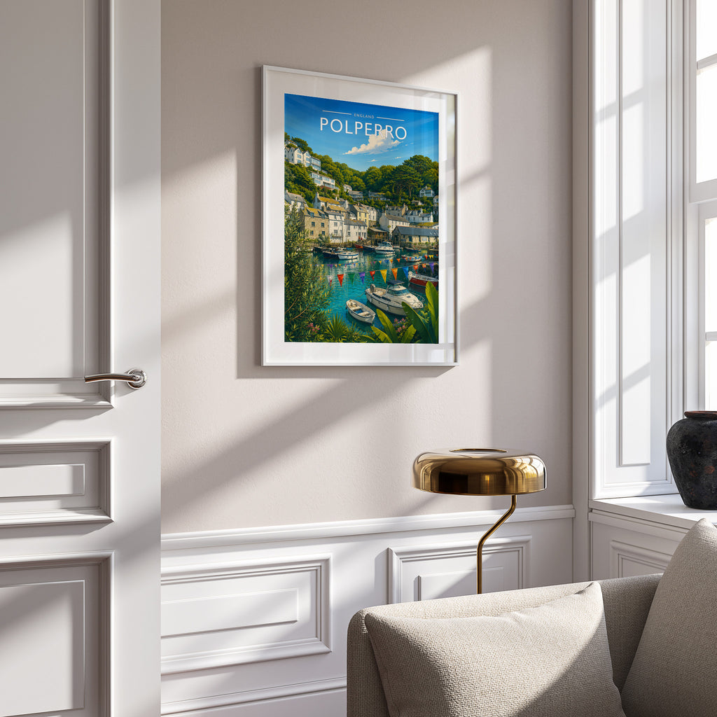 Polperro #4 Travel Poster in a white frame on a panelled wall