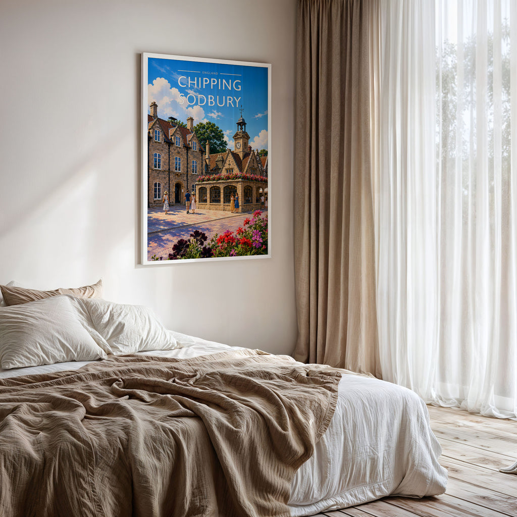 Chipping Sodbury Travel Poster framed on a bedroom wall