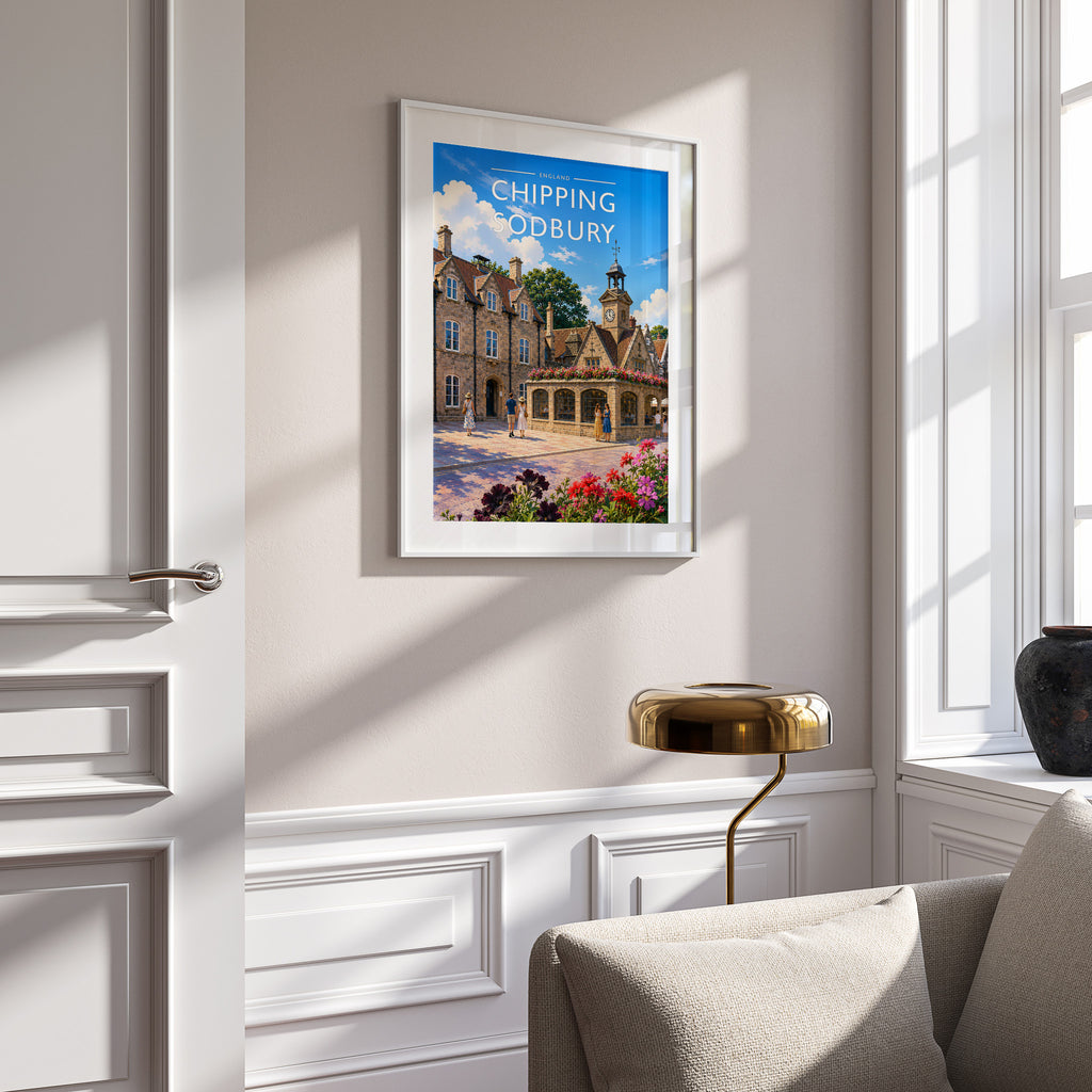 Chipping Sodbury Travel Poster in a white frame on a panelled wall
