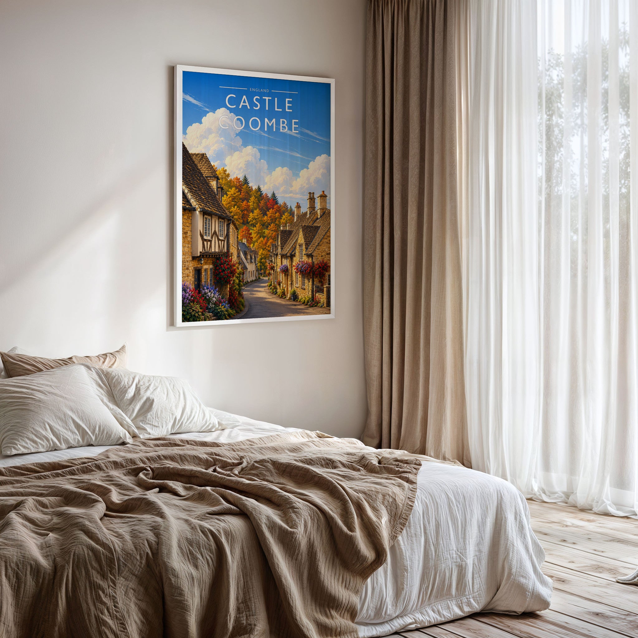 Castle Combe Travel Poster framed on a bedroom wall