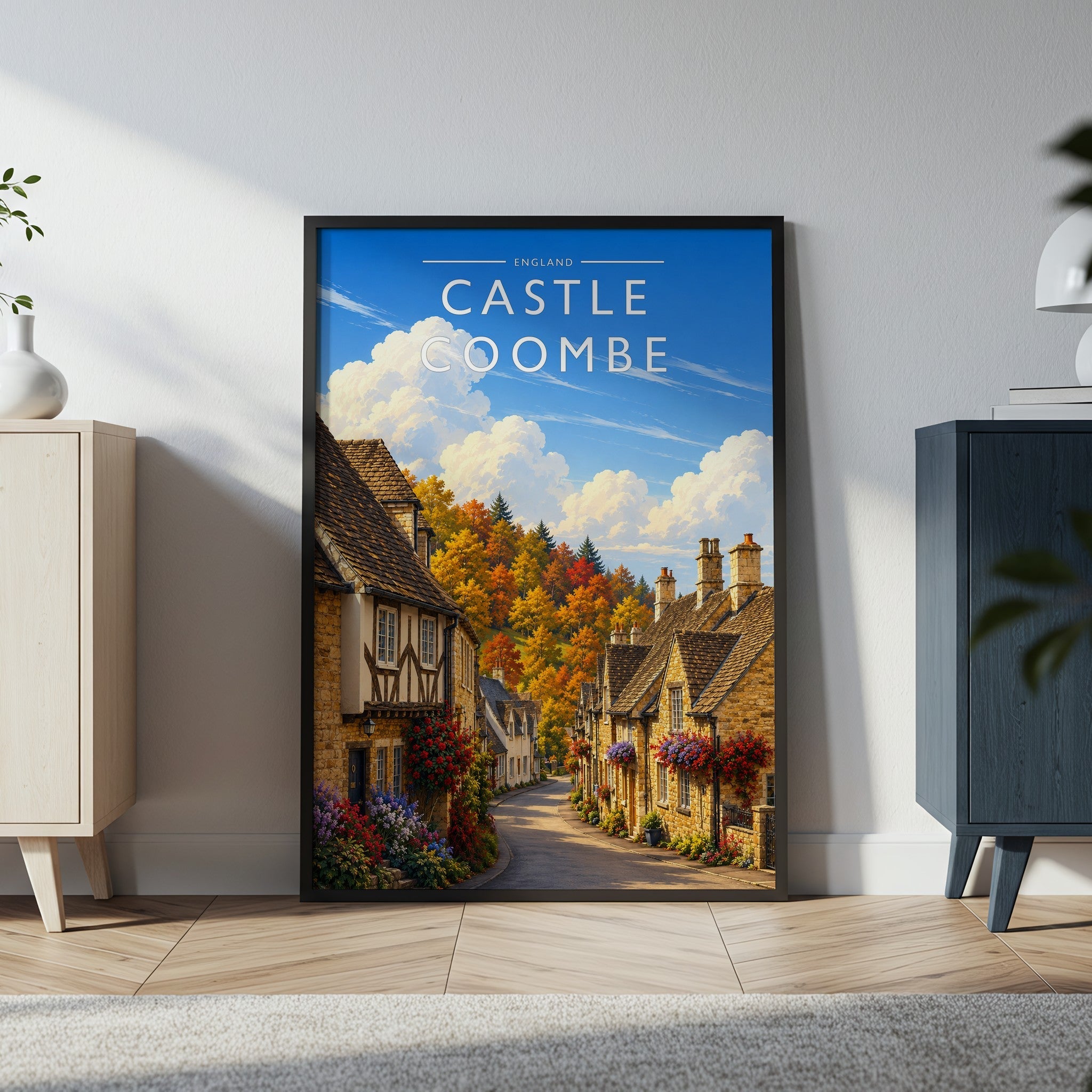 Castle Combe Travel Poster in a black frame