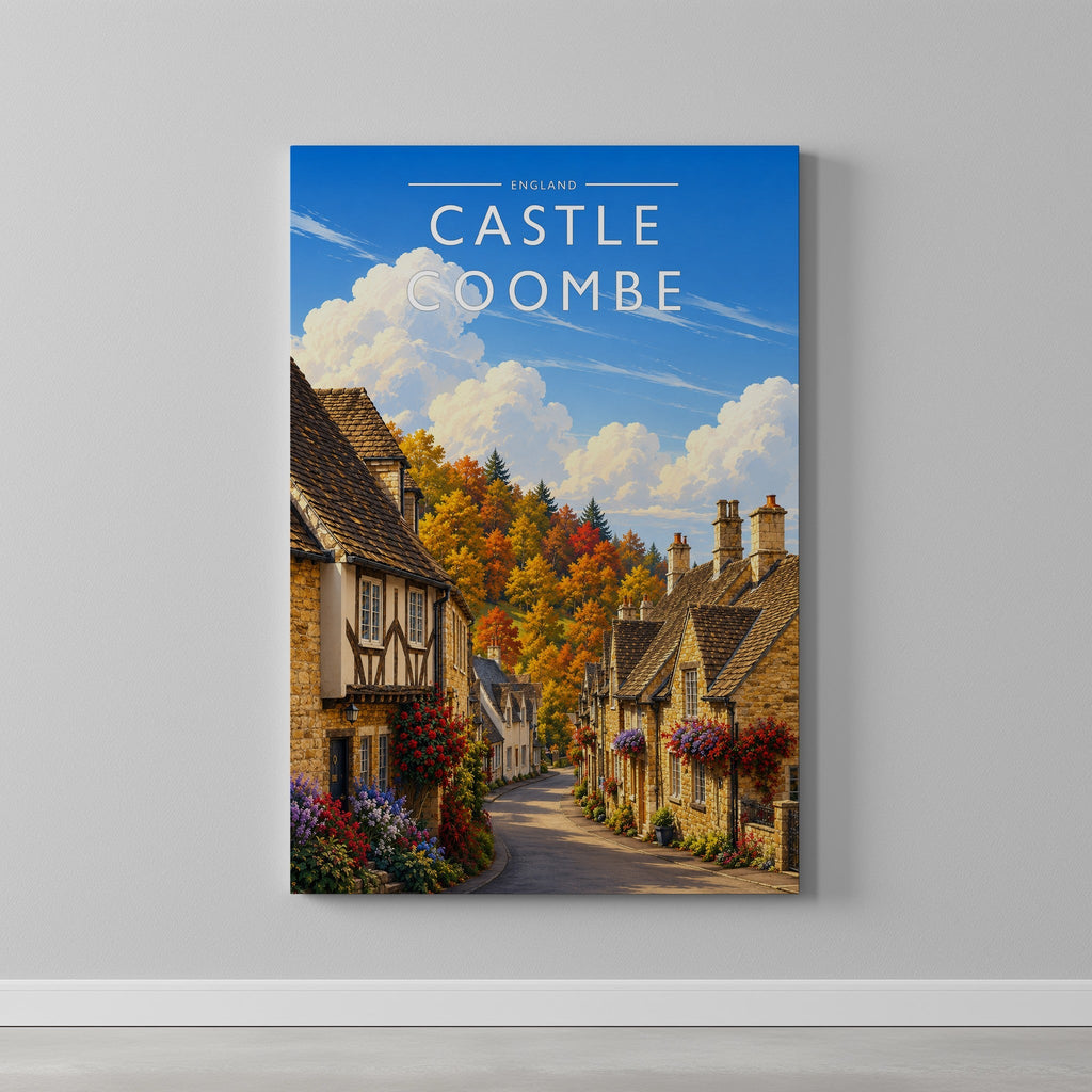 Castle Combe Travel Poster as a gallery-wrapped canvas on a plain wall