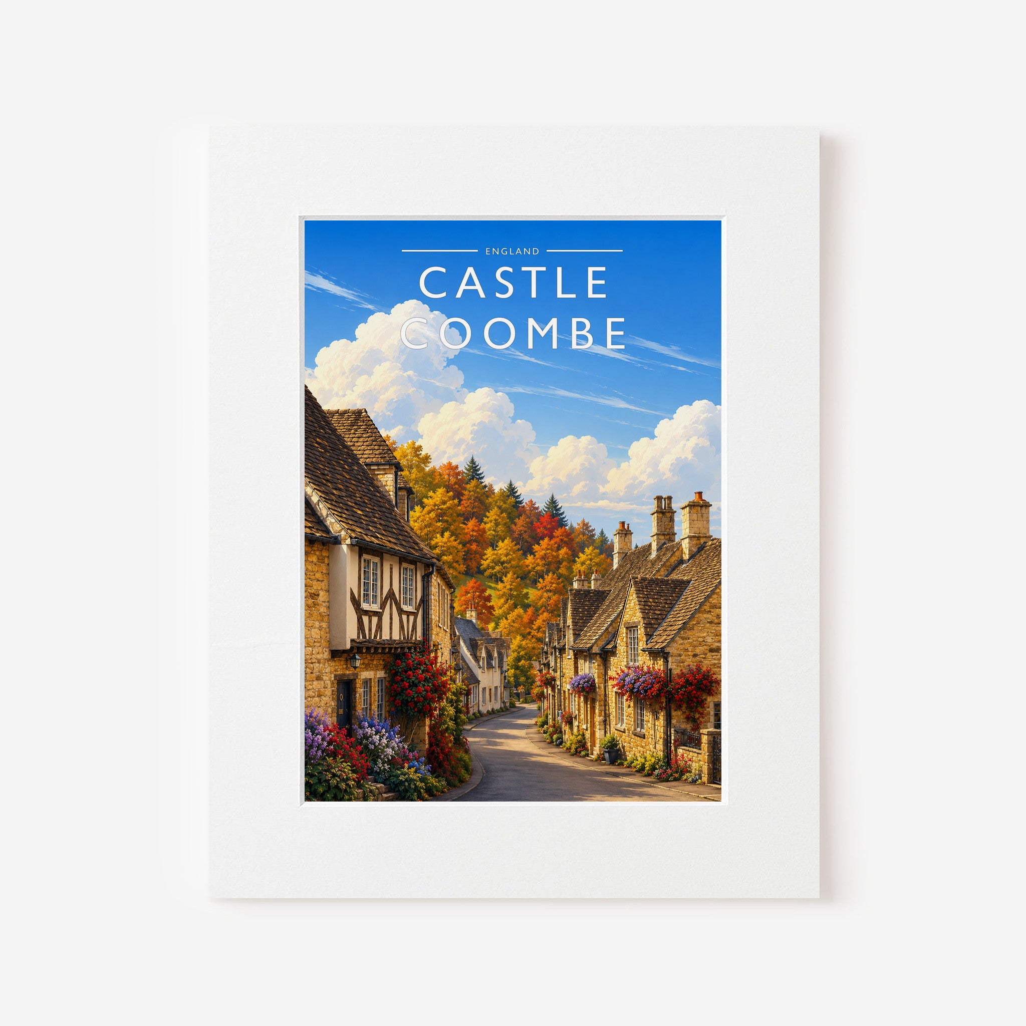 Castle Combe Travel Poster in a white mount