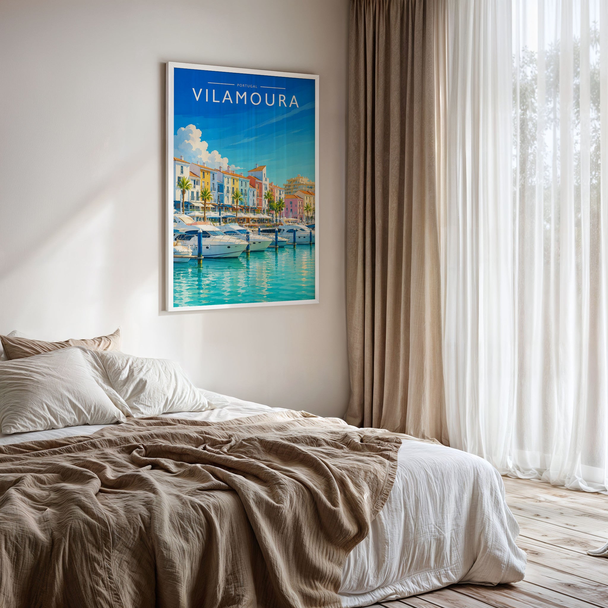 Vilamoura Travel Poster framed on a bedroom wall