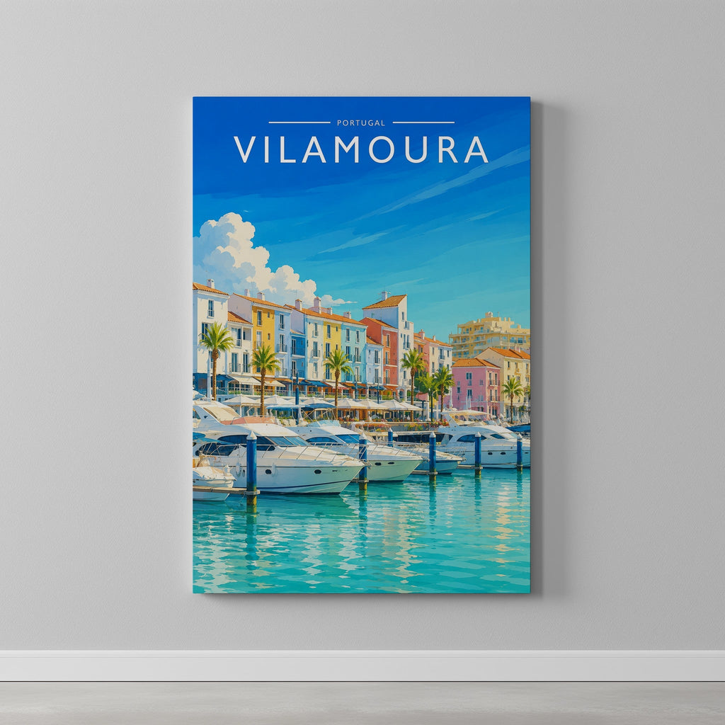 Vilamoura Travel Poster as a gallery-wrapped canvas on a plain wall