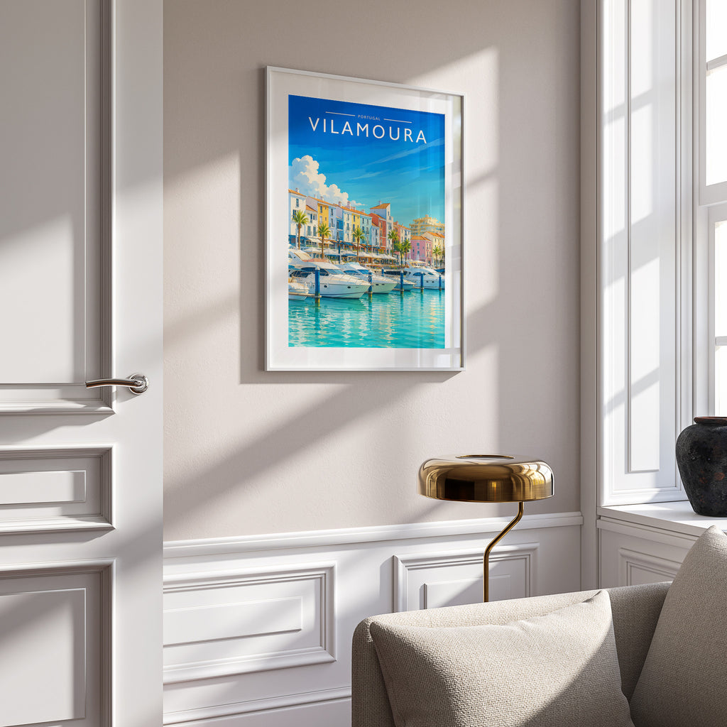 Vilamoura Travel Poster in a white frame on a panelled wall