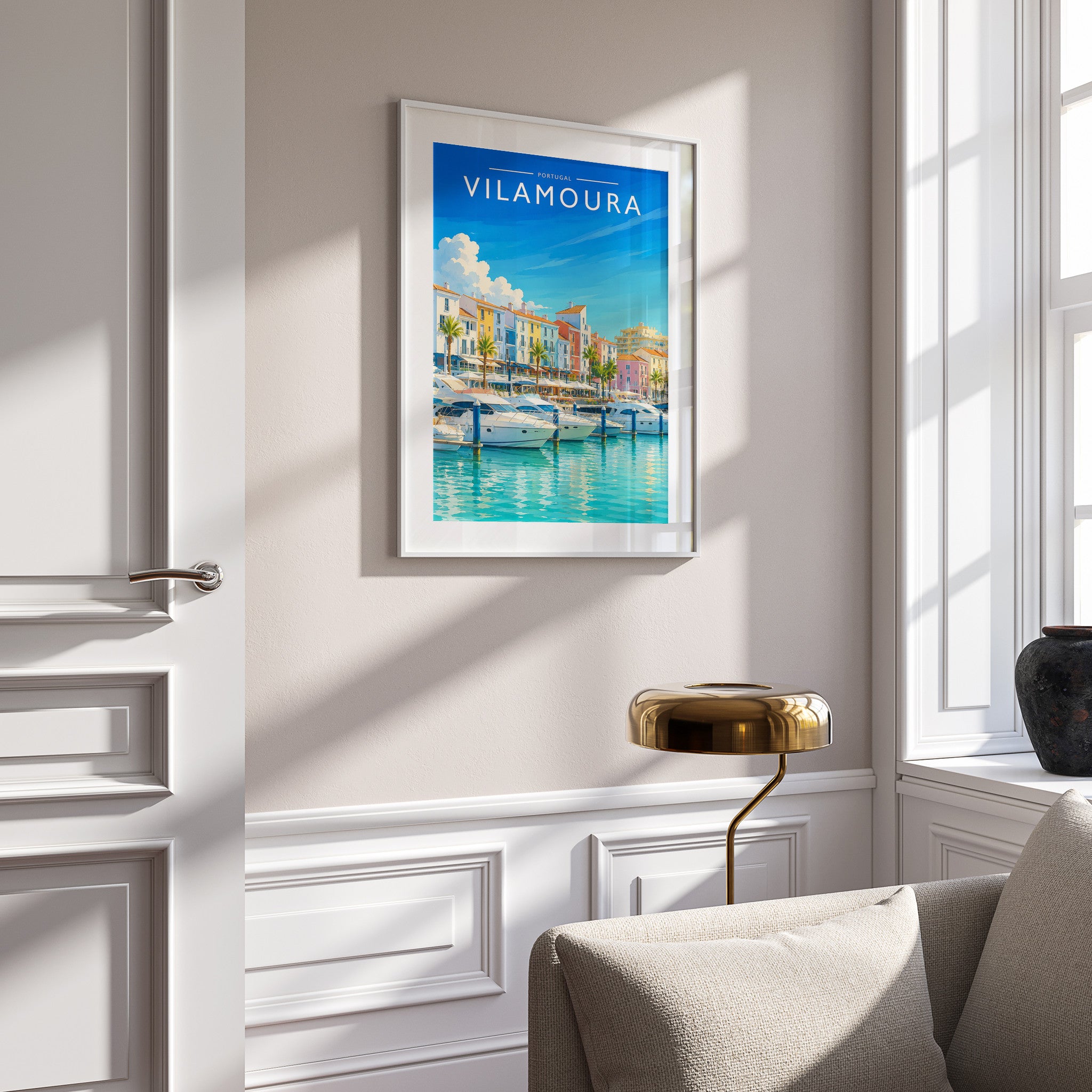 Vilamoura Travel Poster in a white frame on a panelled wall