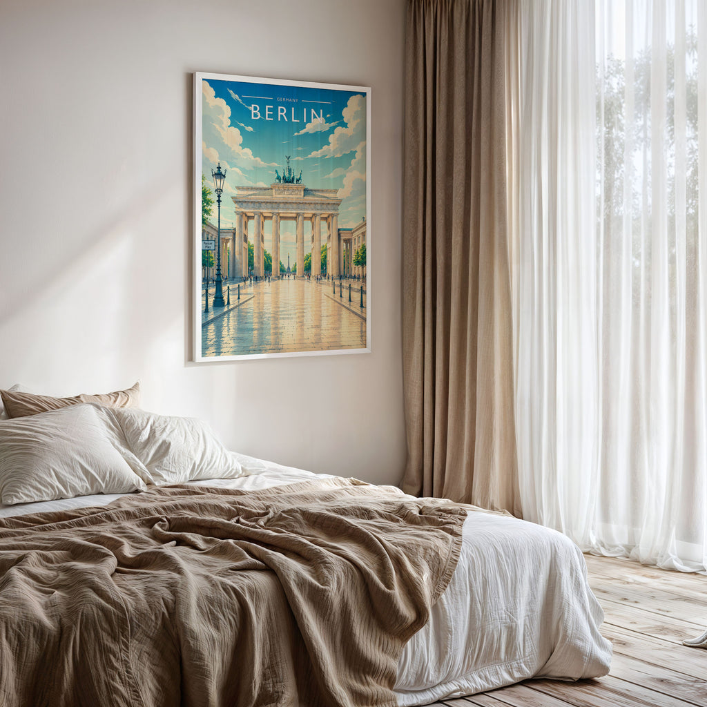 Berlin #2 Travel Poster framed on a bedroom wall