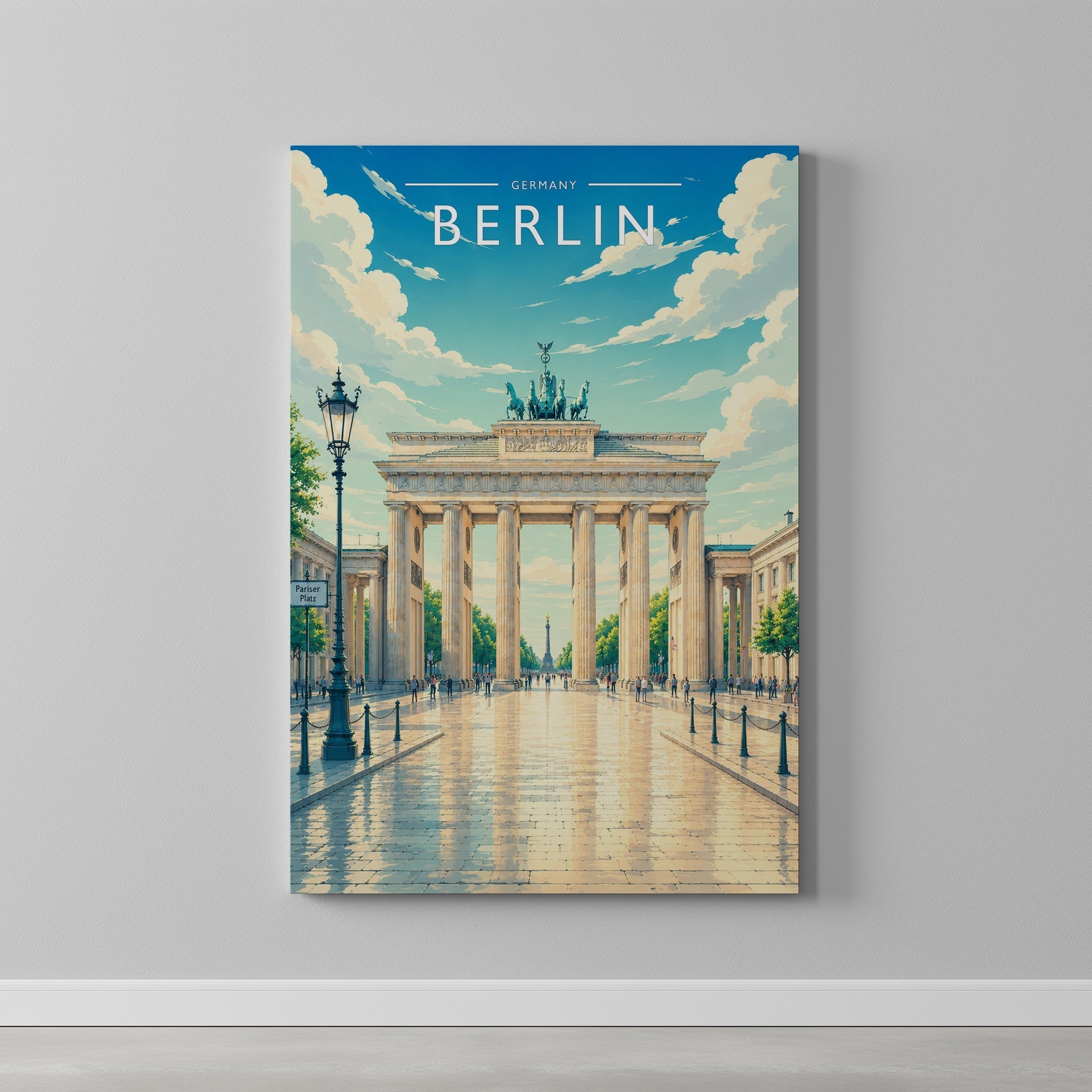 Berlin #2 Travel Poster as a gallery-wrapped canvas on a plain wall