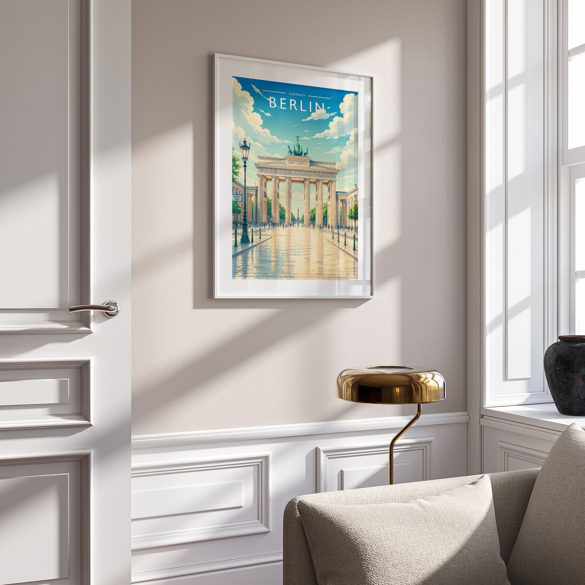Berlin #2 Travel Poster in a white frame on a panelled wall