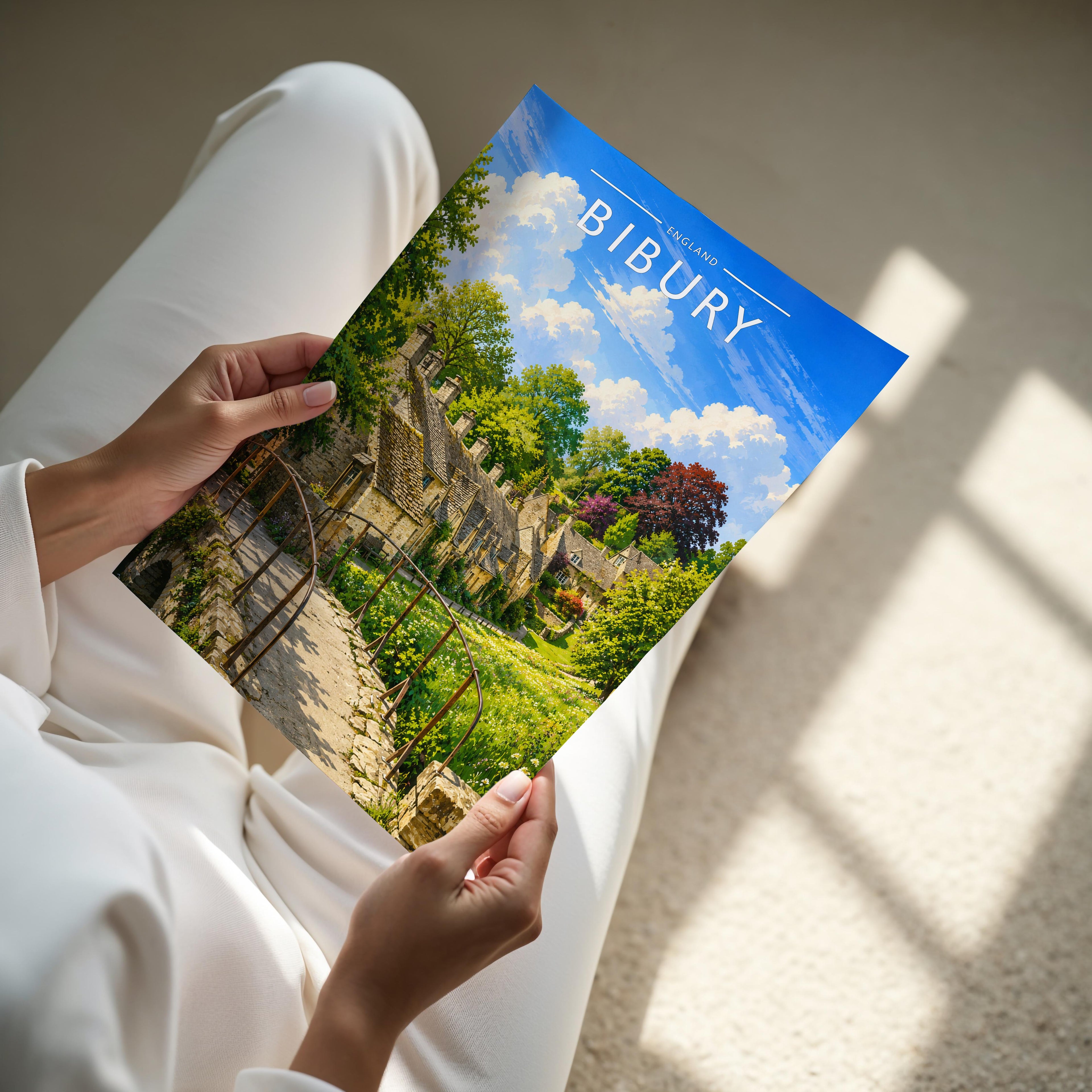 Bibury Travel Poster - A4 print held in hand