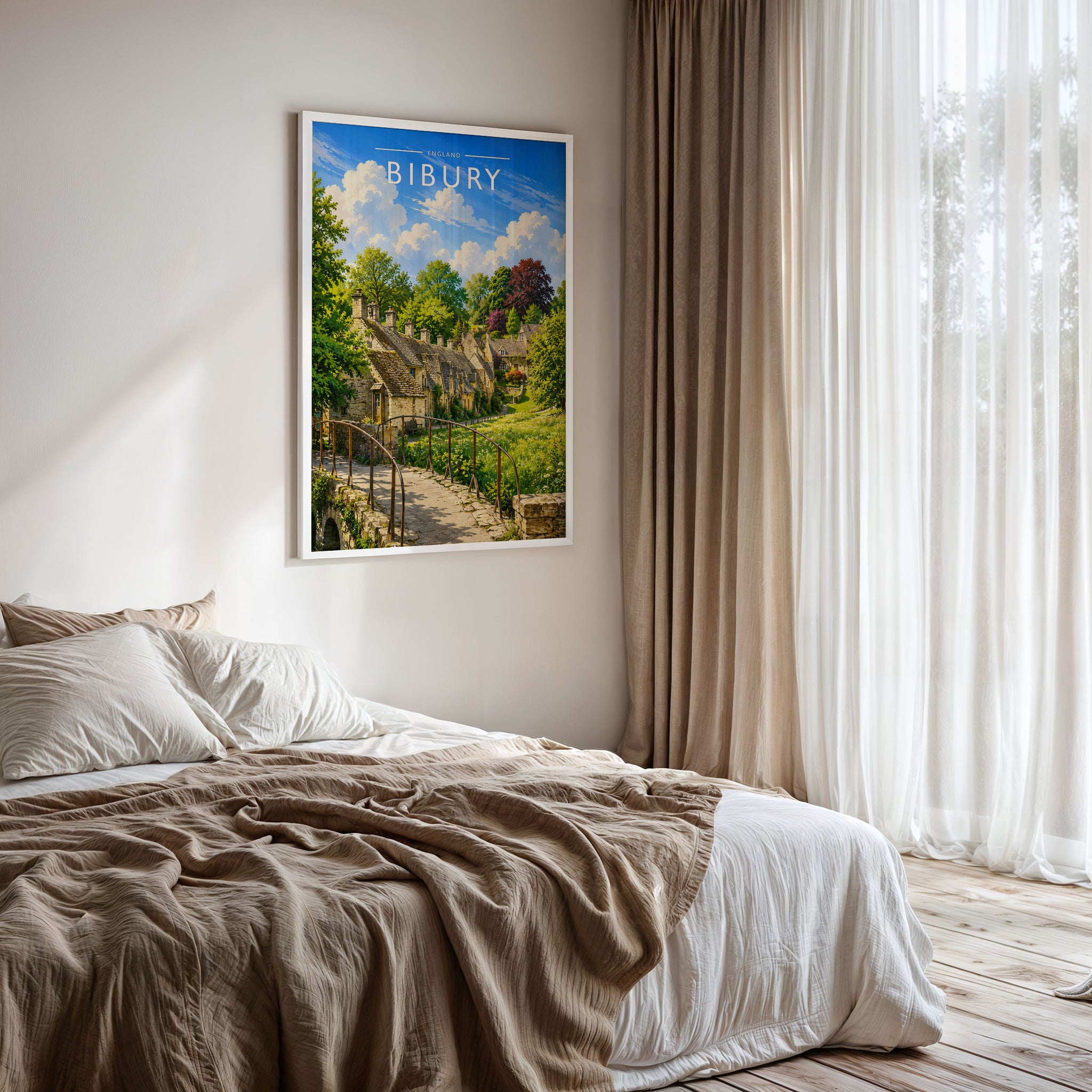 Bibury Travel Poster framed on a bedroom wall