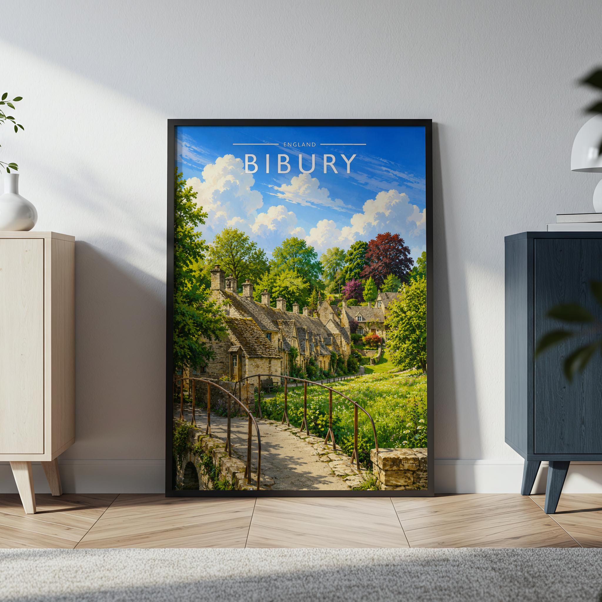 Bibury Travel Poster in a black frame