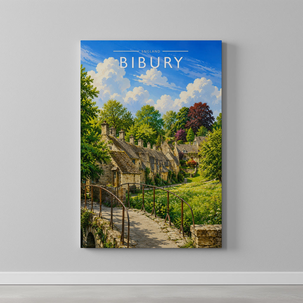Bibury Travel Poster as a gallery-wrapped canvas on a plain wall