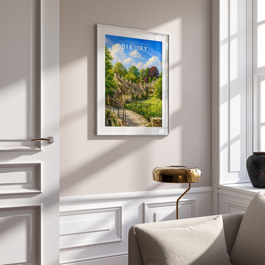 Bibury Travel Poster in a white frame on a panelled wall