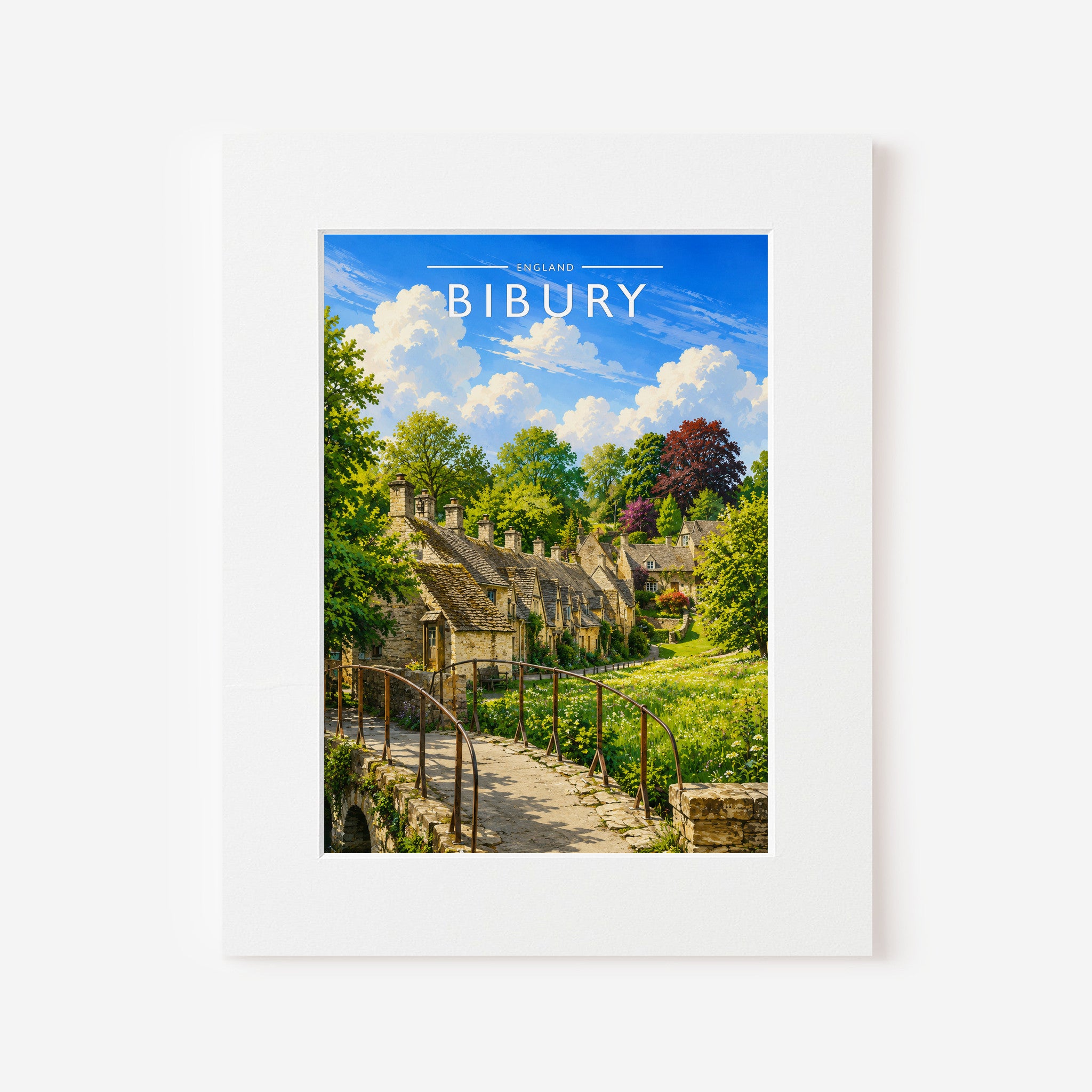 Bibury Travel Poster in a white mount