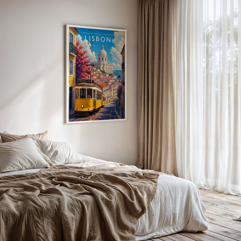 Lisbon #3 Travel Poster framed on a bedroom wall
