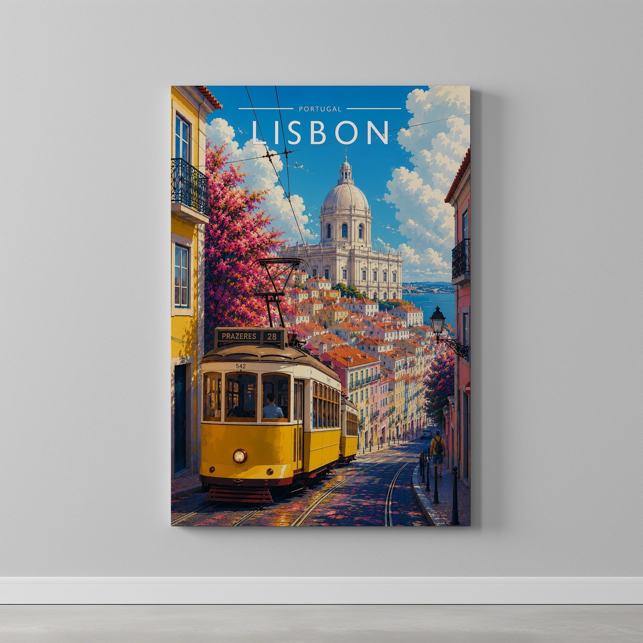 Lisbon #3 Travel Poster as a gallery-wrapped canvas on a plain wall