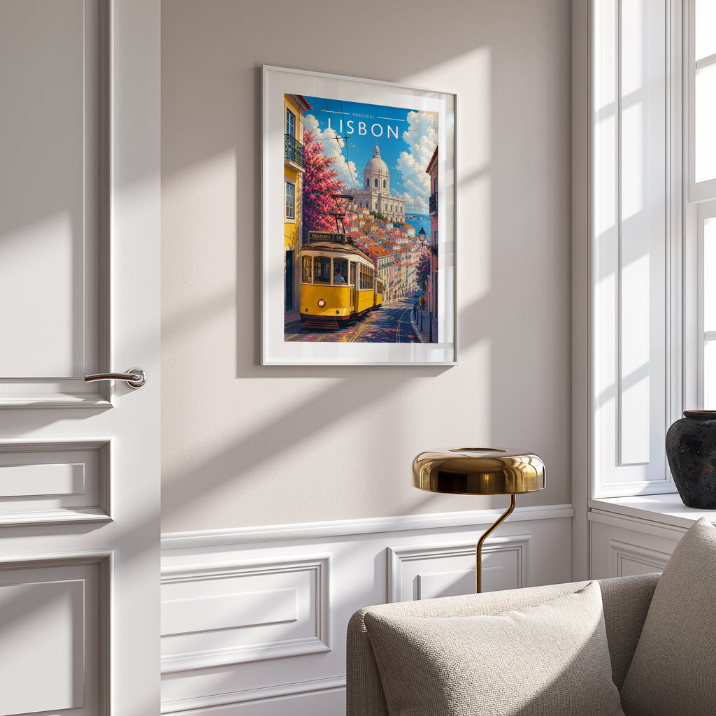 Lisbon #3 Travel Poster in a white frame on a panelled wall