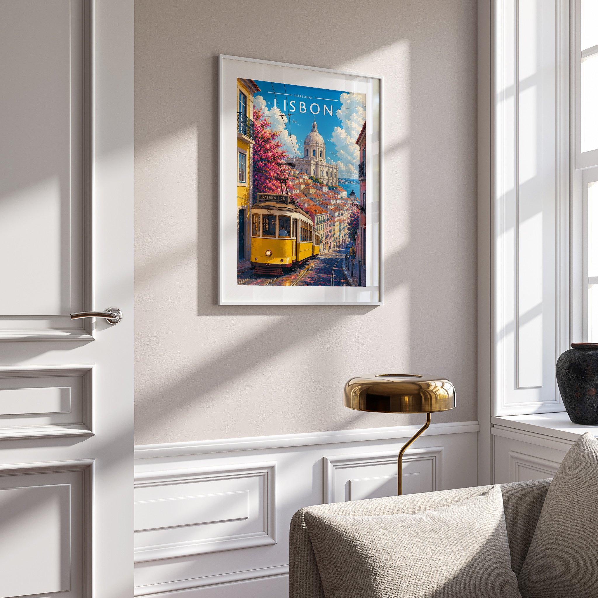 Lisbon #3 Travel Poster in a white frame on a panelled wall