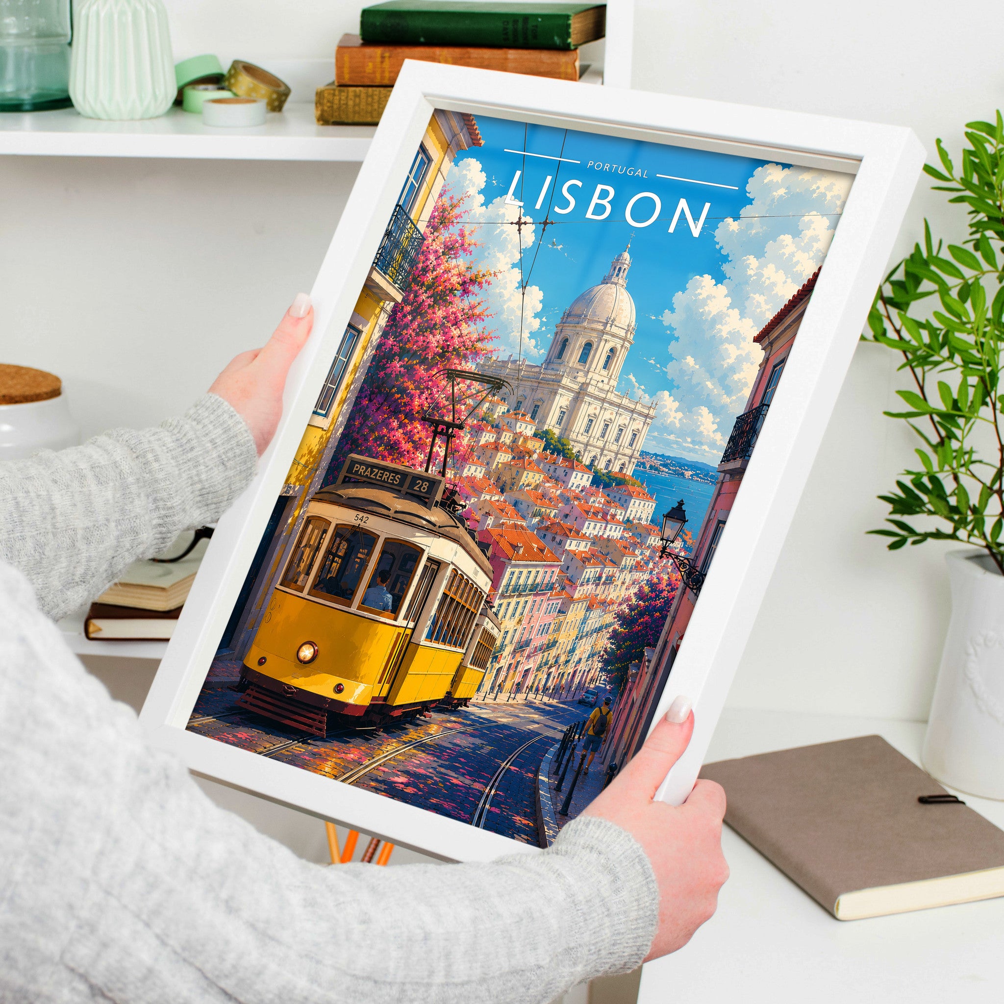 Lisbon #3 Travel Poster in a white frame, held to show scale