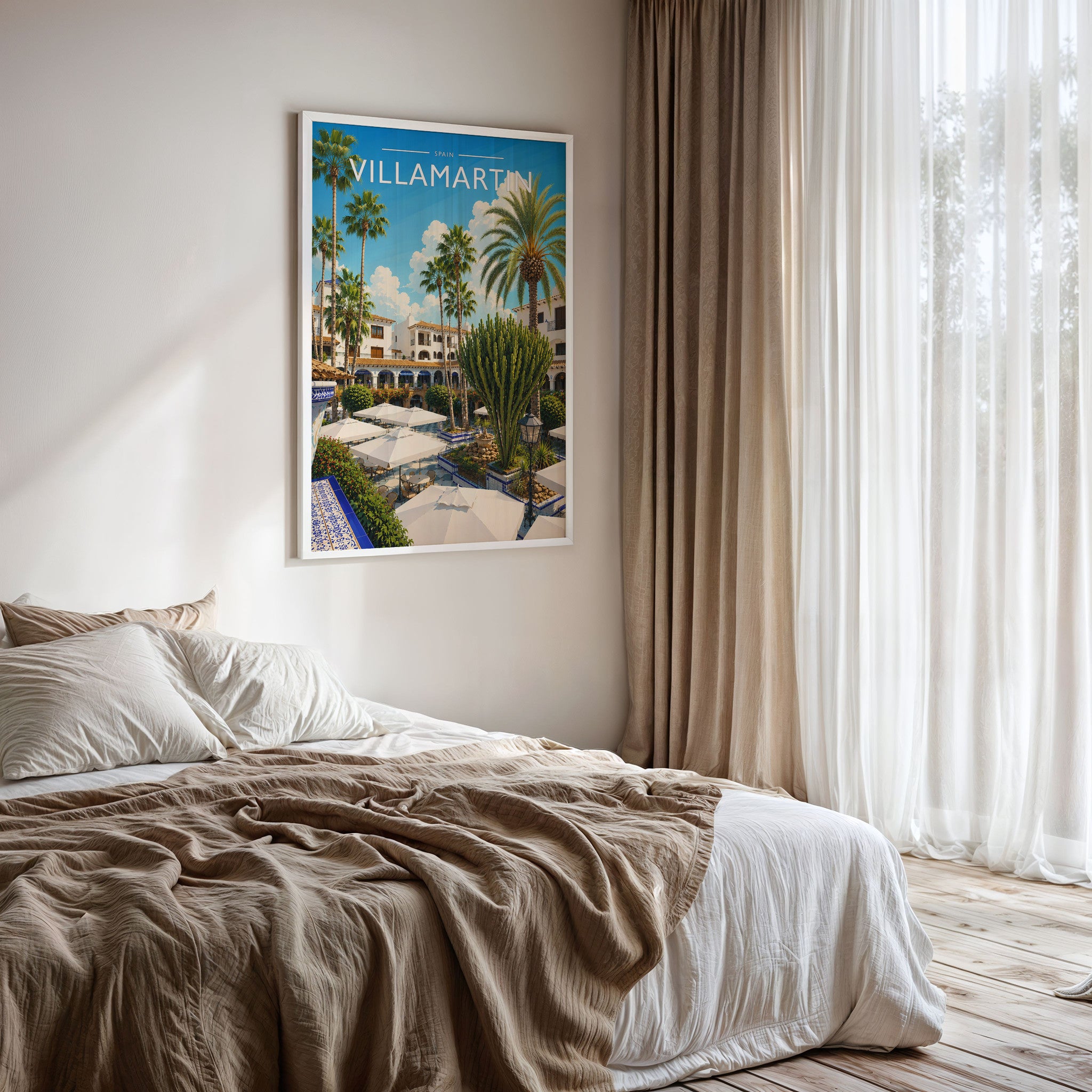 Villamartin #2 Travel Poster framed on a bedroom wall