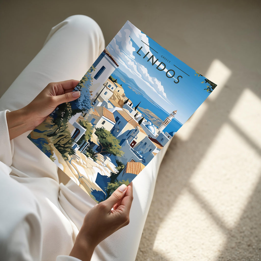 Lindos Travel Poster - A4 print held in hand