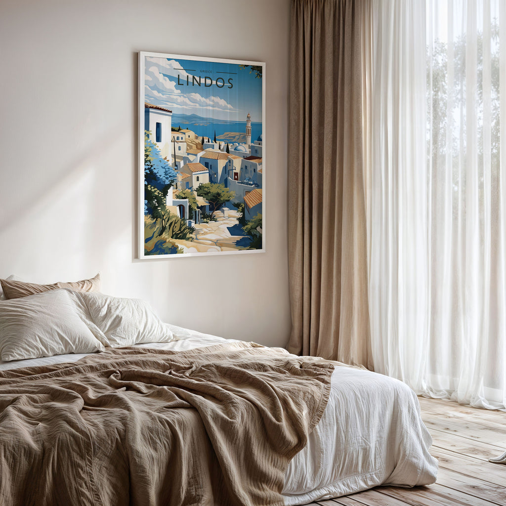 Lindos Travel Poster framed on a bedroom wall