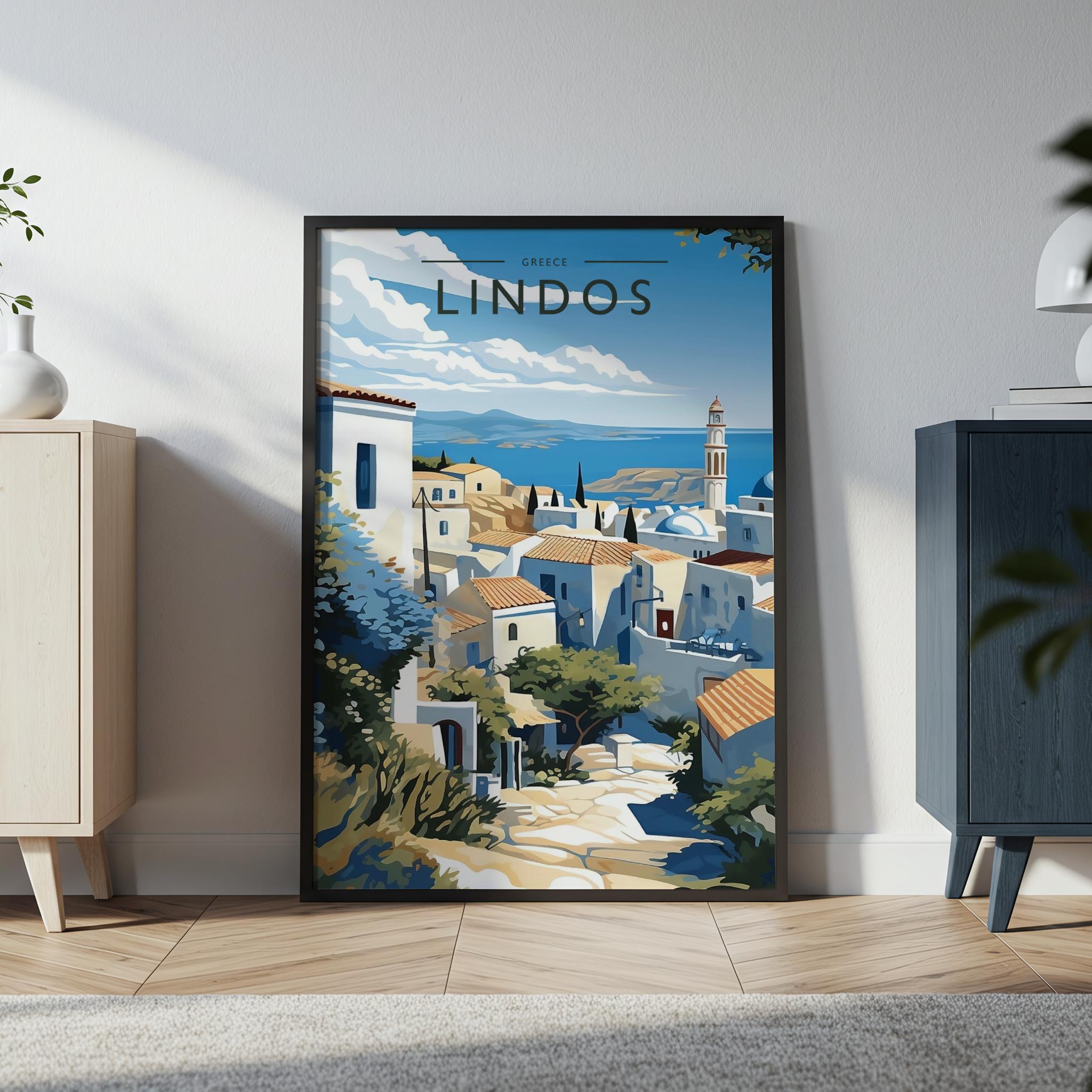 Lindos Travel Poster in a black frame