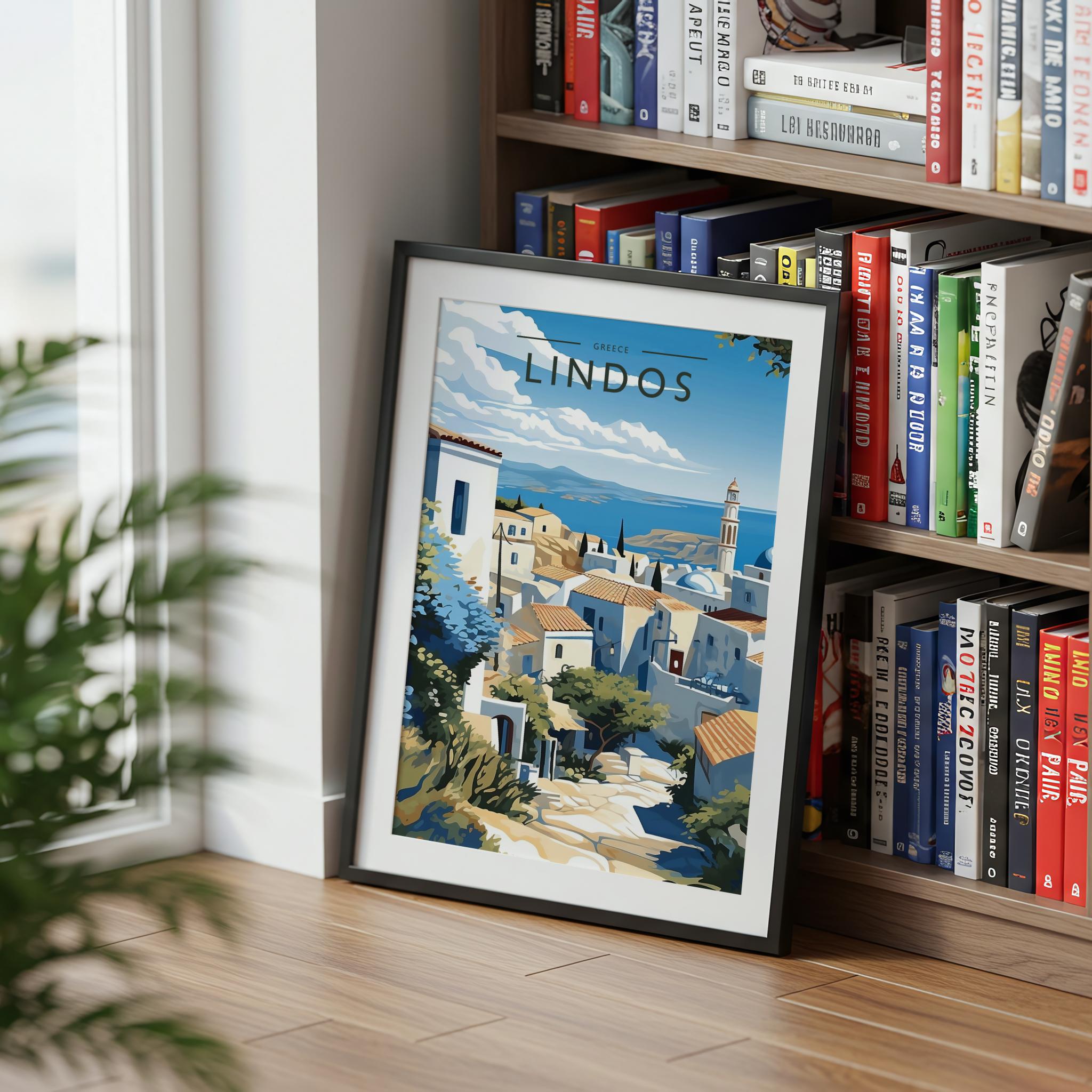 Lindos Travel Poster mounted in a black frame