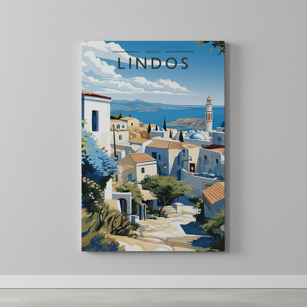 Lindos Travel Poster as a gallery-wrapped canvas on a plain wall