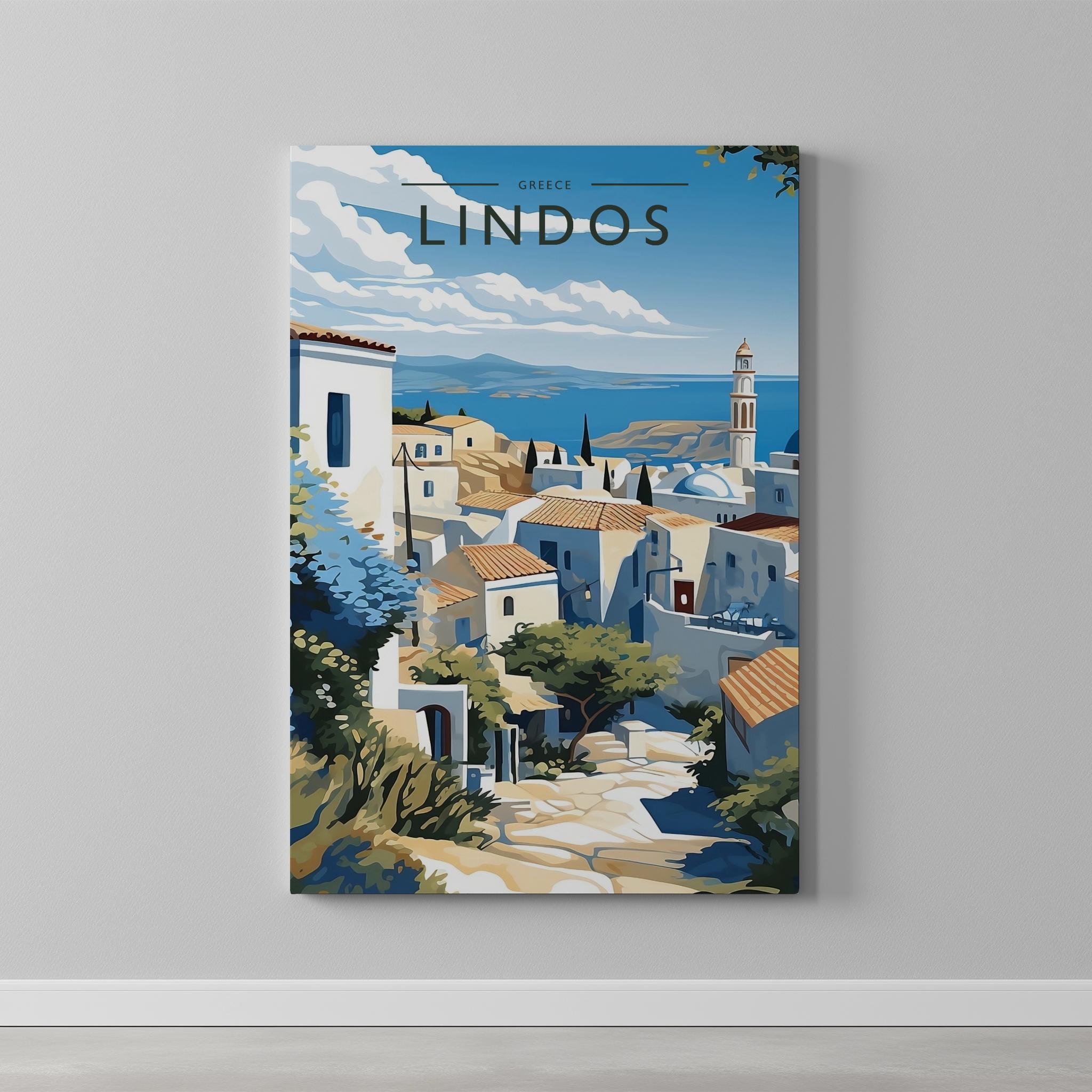 Lindos Travel Poster as a gallery-wrapped canvas on a plain wall