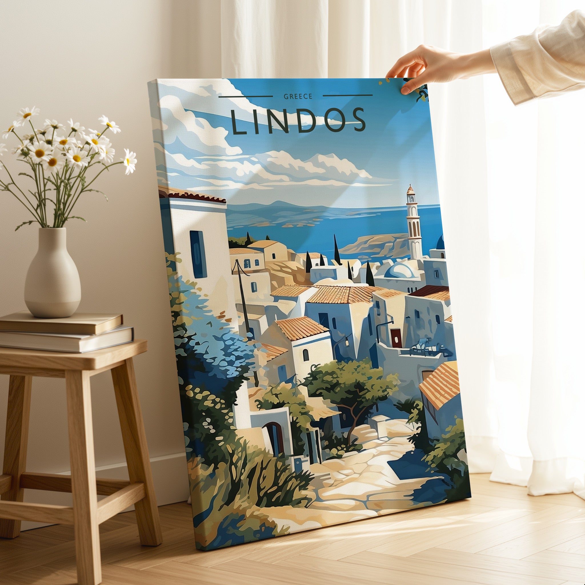Lindos Travel Poster as a gallery-wrapped canvas