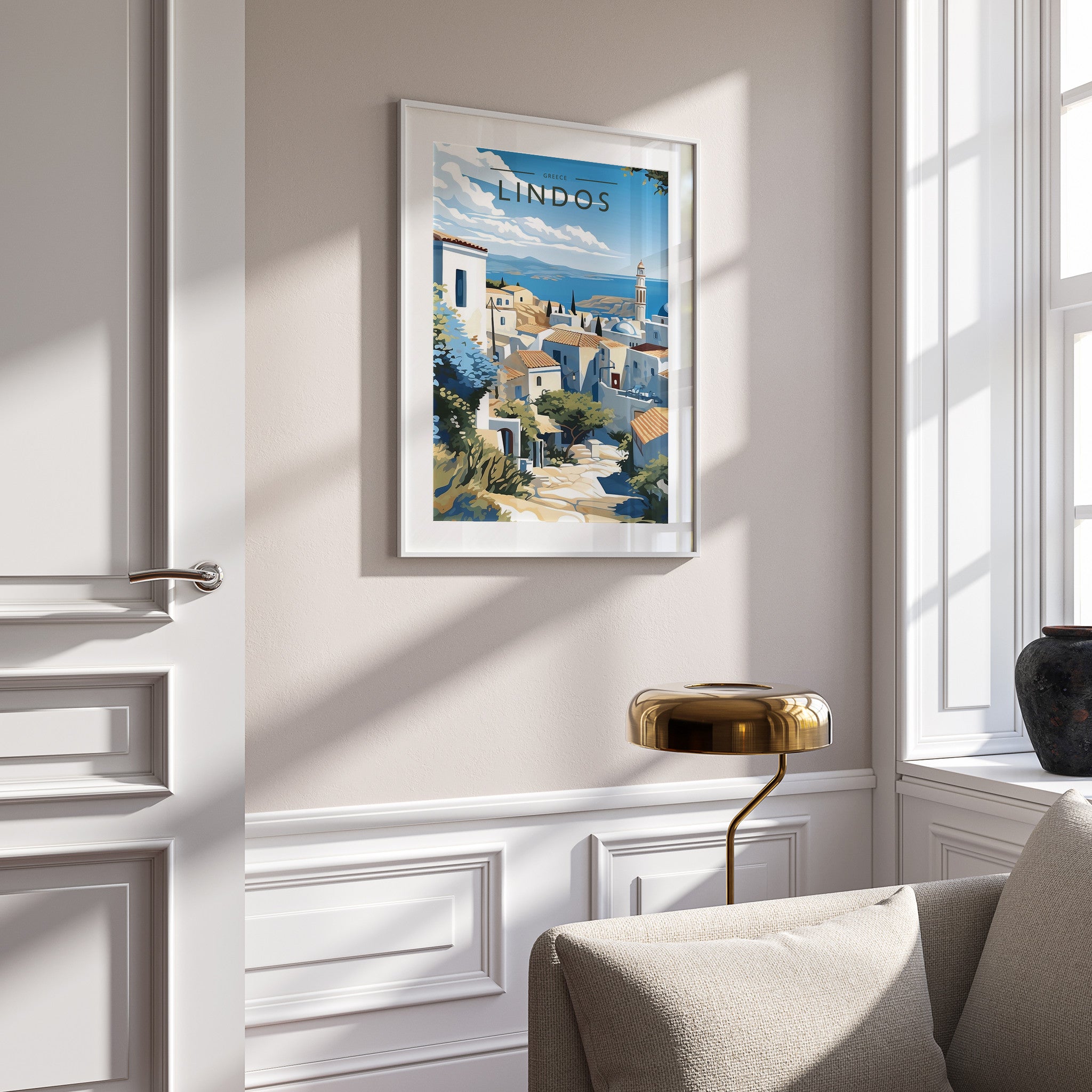 Lindos Travel Poster in a white frame on a panelled wall