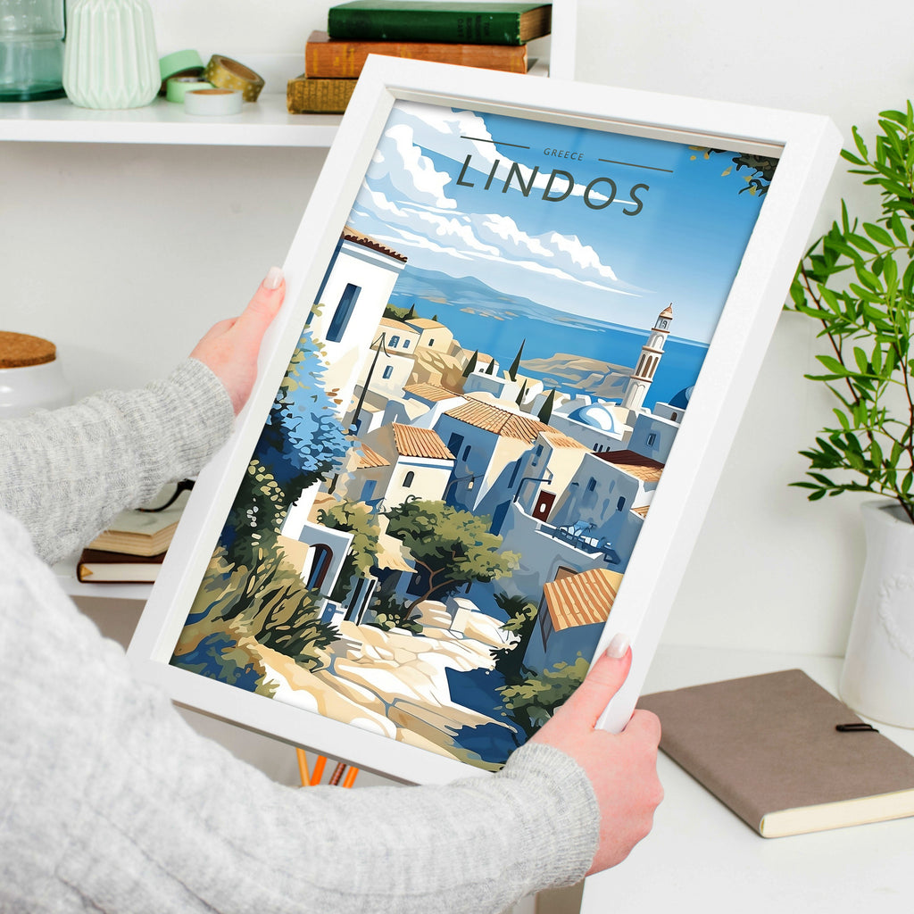 Lindos Travel Poster in a white frame, held to show scale